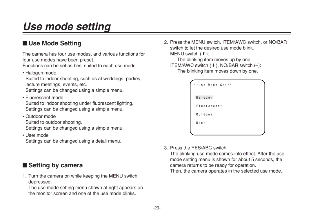 Panasonic VQTB0088D, F0205Y0 manual Use mode setting, $ Use Mode Setting, $ Setting by camera 