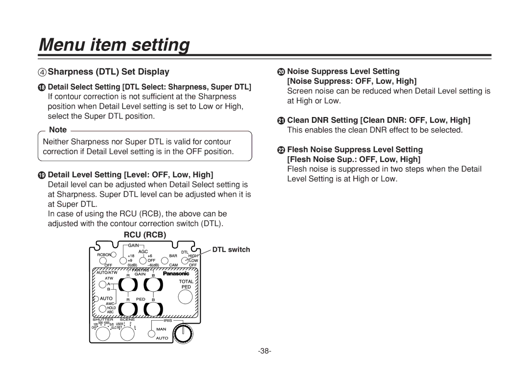 Panasonic F0205Y0, VQTB0088D manual Sharpness DTL Set Display, Detail Level Setting Level OFF, Low, High 