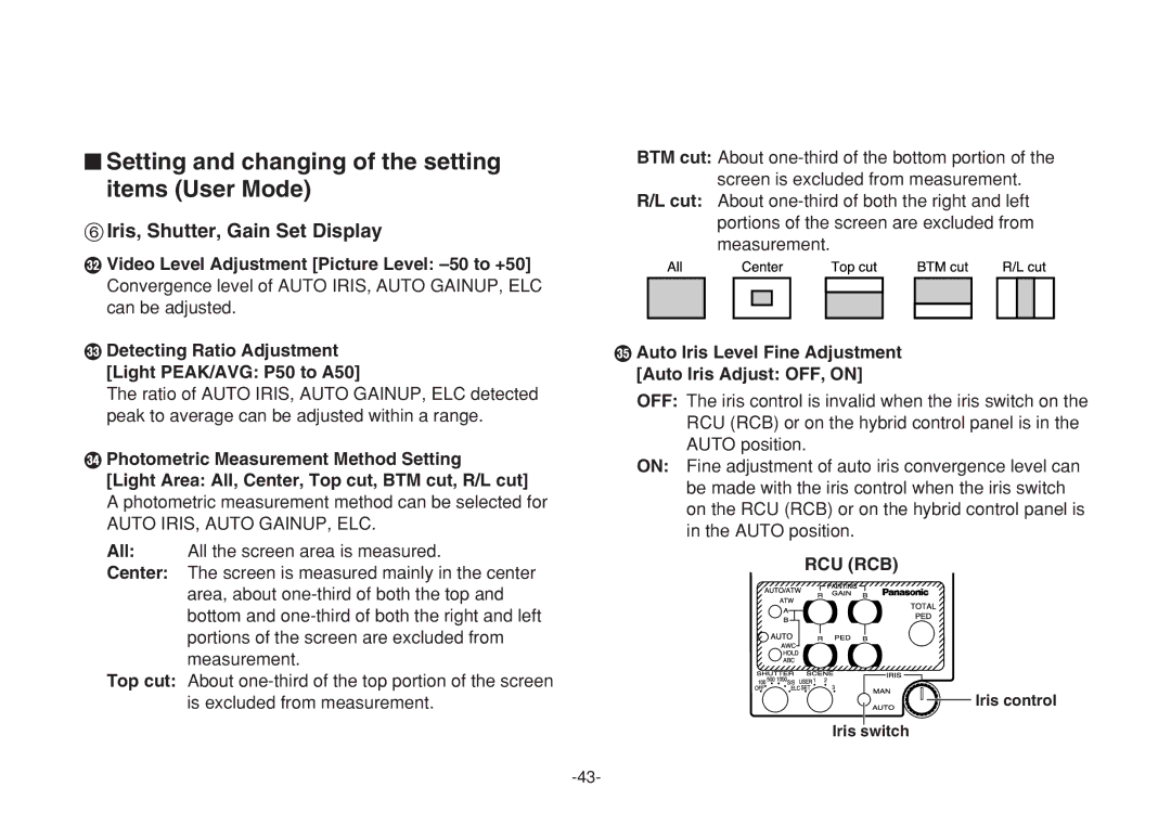 Panasonic VQTB0088D, F0205Y0 manual $ Setting and changing of the setting items User Mode, Iris, Shutter, Gain Set Display 