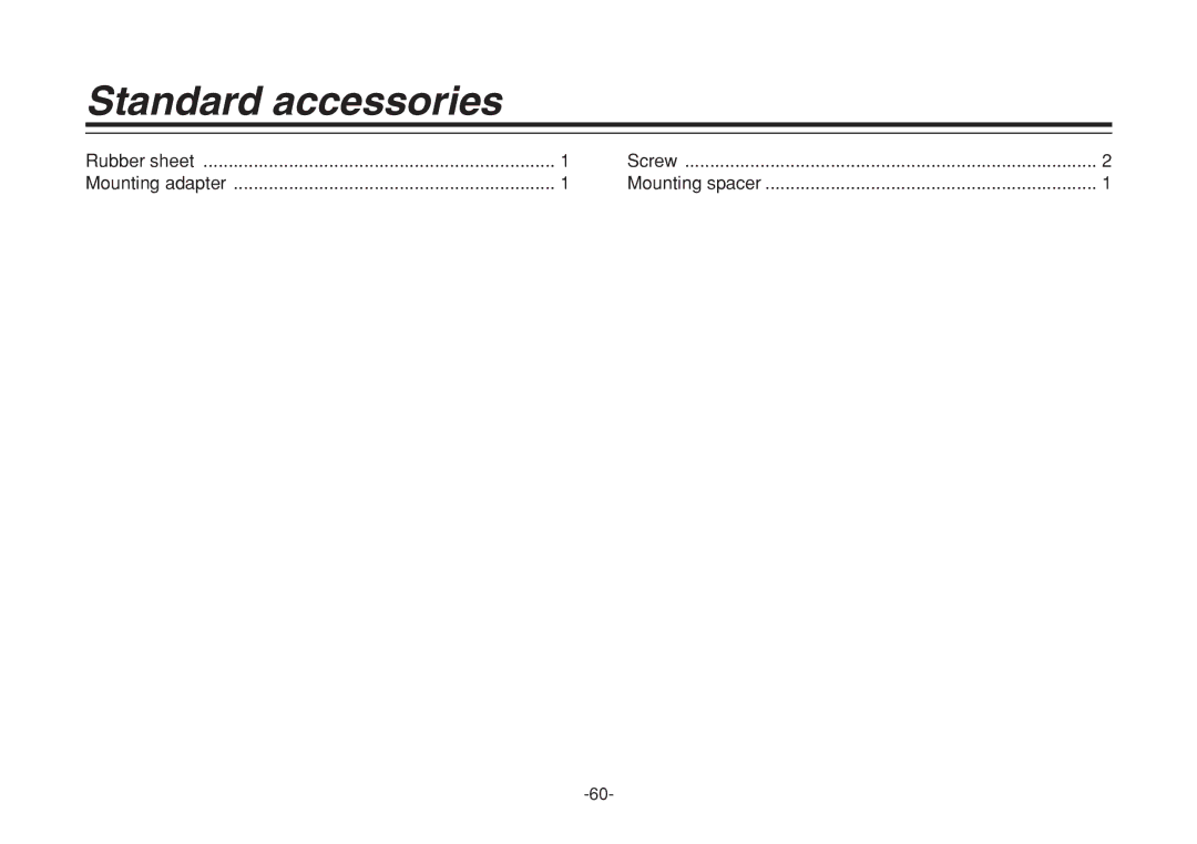 Panasonic F0205Y0, VQTB0088D manual Standard accessories, Rubber sheet Screw Mounting adapter Mounting spacer 