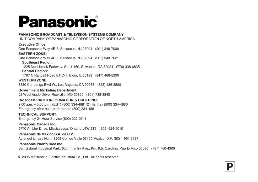 Panasonic VQTB0088D, F0205Y0 manual Panasonic Broadcast & Television Systems Company 