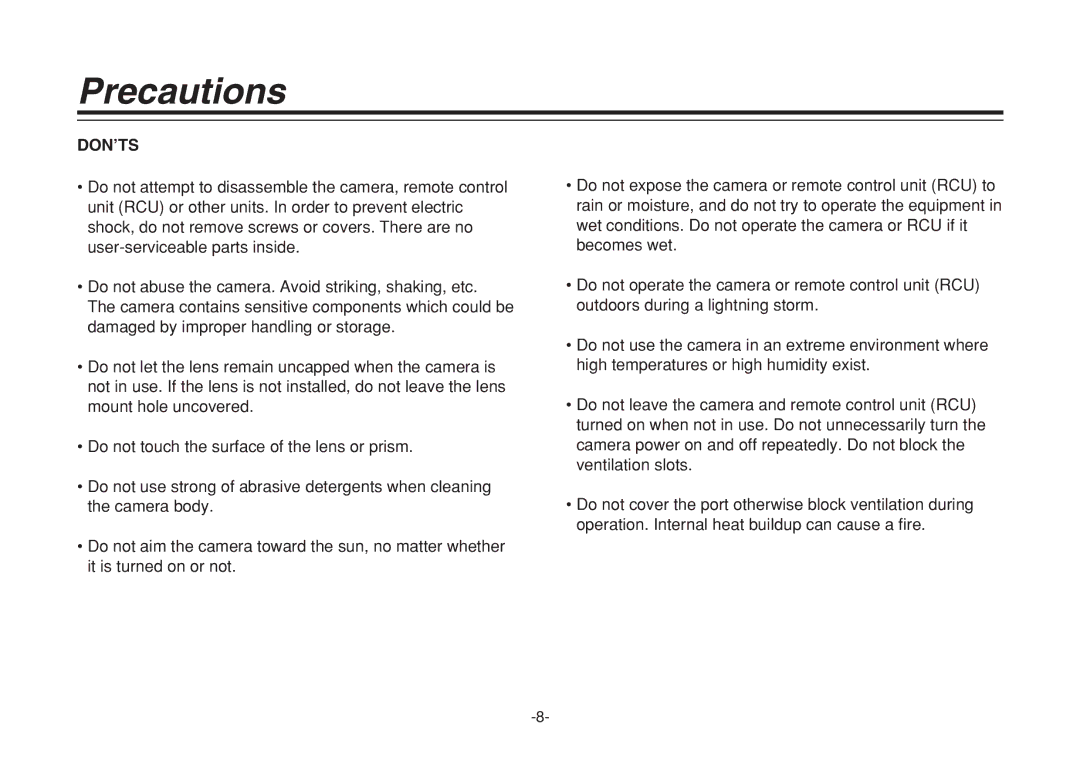 Panasonic F0205Y0, VQTB0088D manual Precautions, Don’Ts 