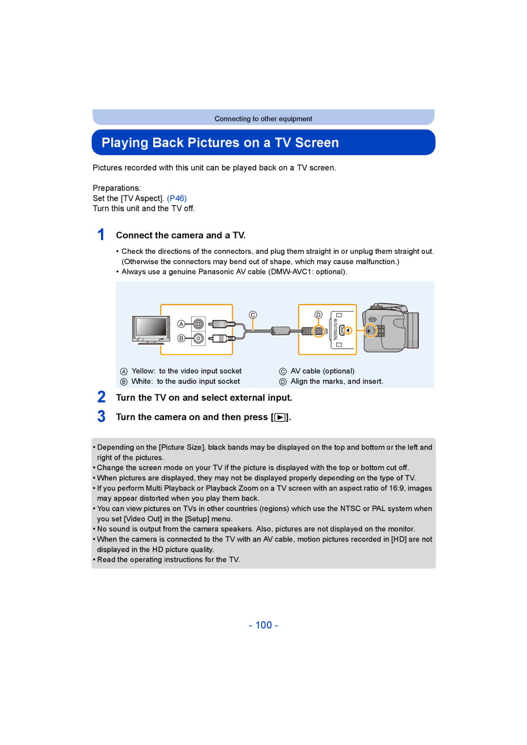 Panasonic DMC-LZ40, F0214NK0, VQT5G33 Playing Back Pictures on a TV Screen, 100, Connect the camera and a TV 