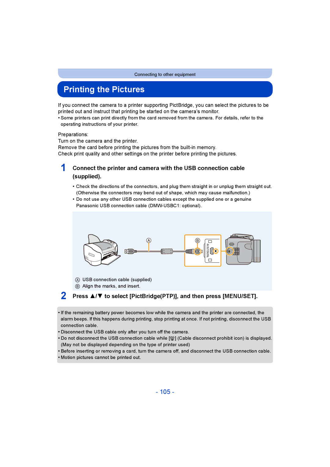 Panasonic F0214NK0, DMC-LZ40 Printing the Pictures, 105, Press 3/4 to select PictBridgePTP, and then press MENU/SET 