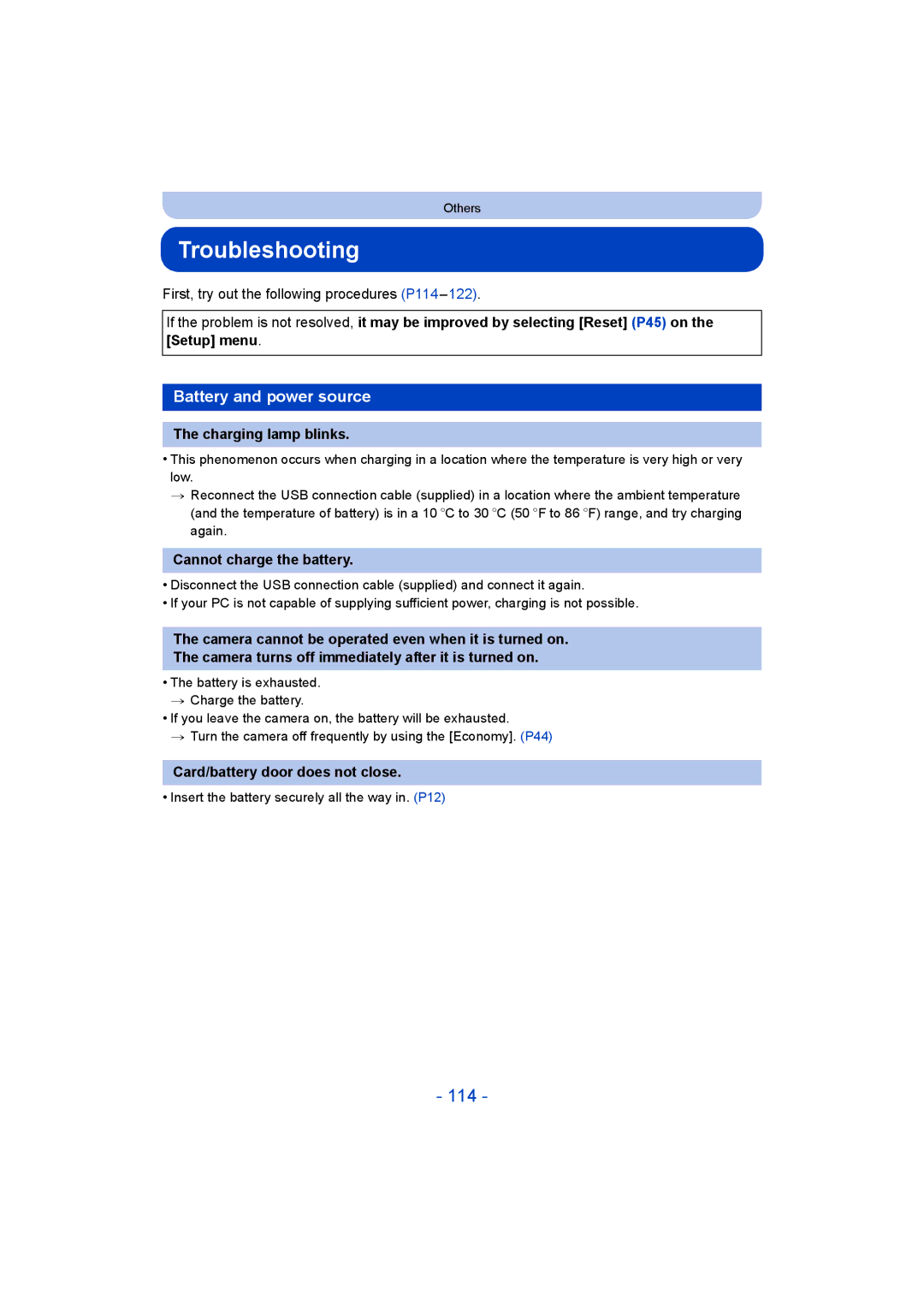 Panasonic F0214NK0, DMC-LZ40, VQT5G33 operating instructions Troubleshooting, 114, Battery and power source 