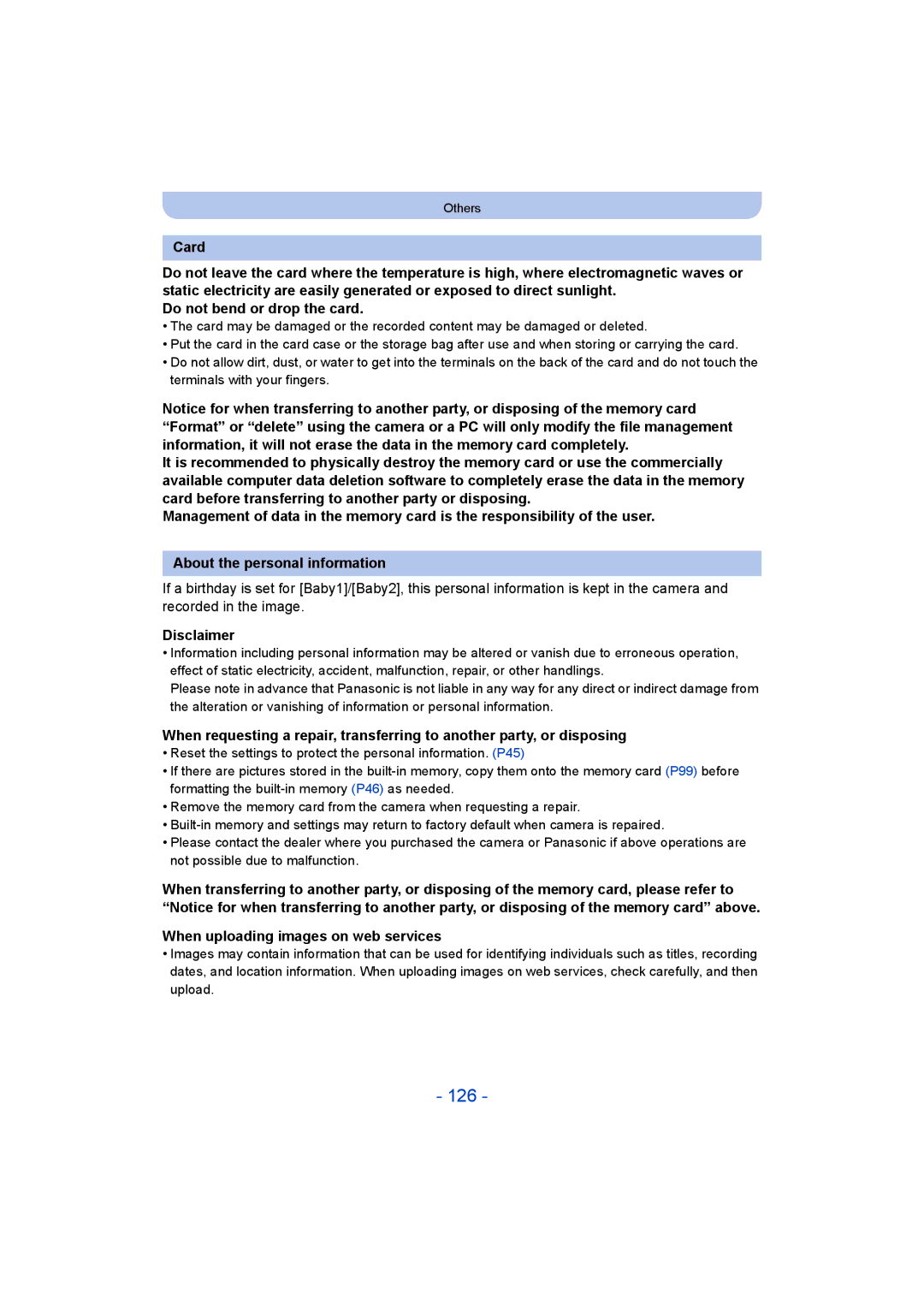 Panasonic F0214NK0, DMC-LZ40, VQT5G33 operating instructions 126, Disclaimer, When uploading images on web services 