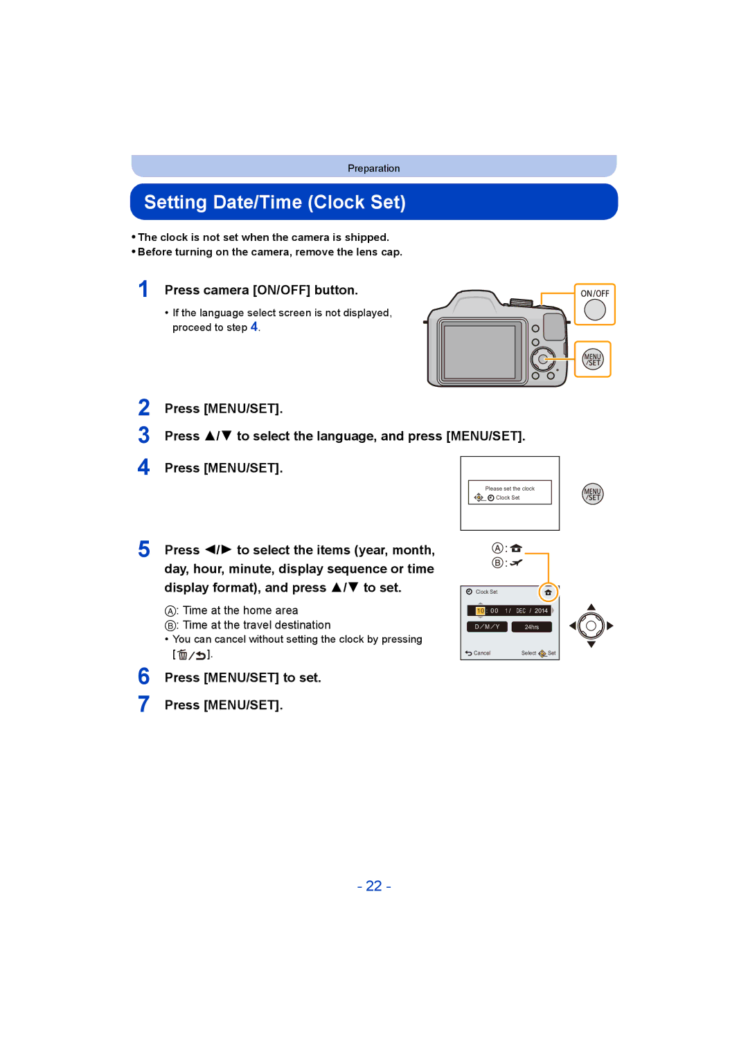 Panasonic DMC-LZ40, F0214NK0, VQT5G33 Setting Date/Time Clock Set, Press camera ON/OFF button, Press MENU/SET to set 