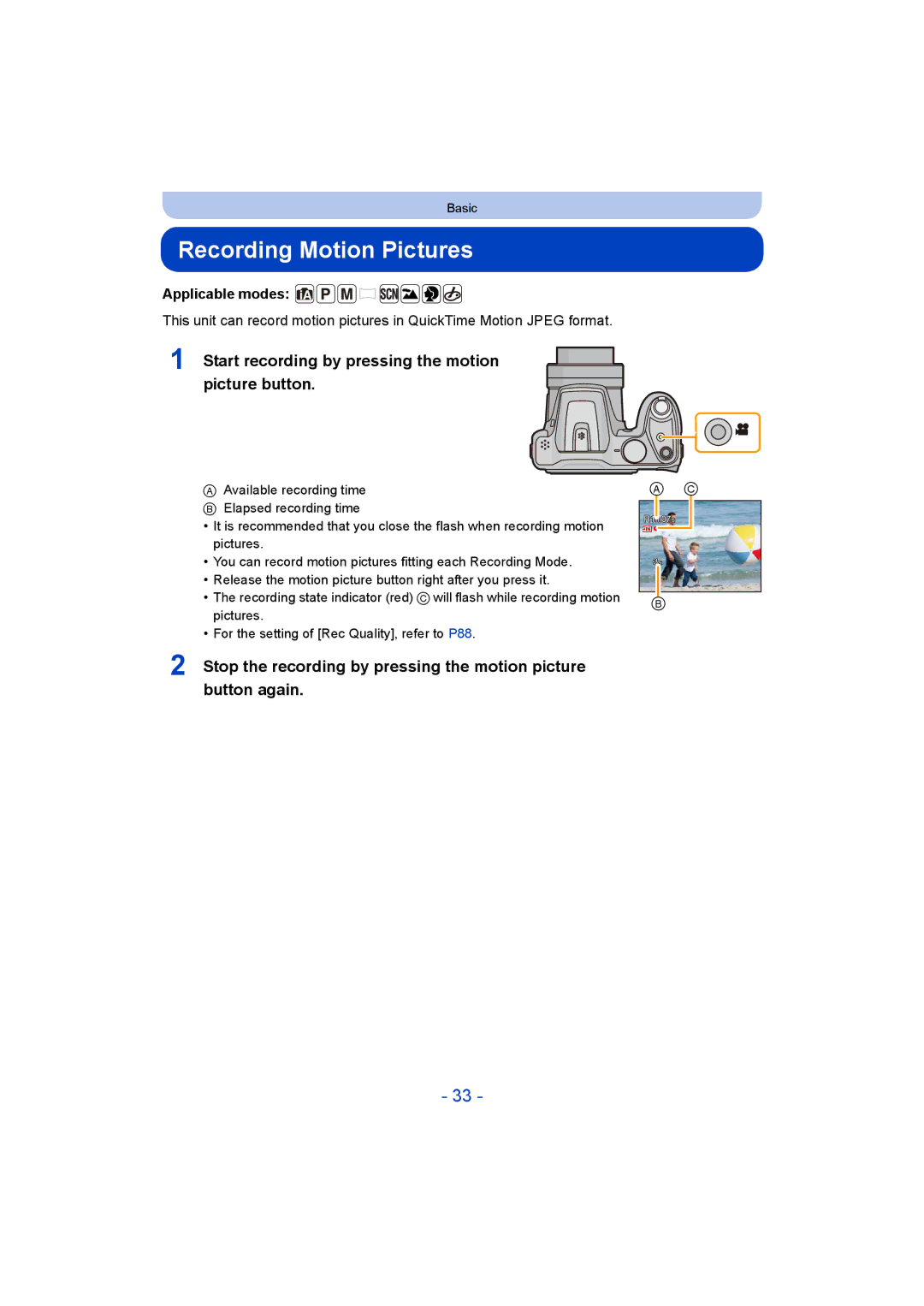 Panasonic F0214NK0 Recording Motion Pictures, Start recording by pressing the motion picture button, Applicable modes 