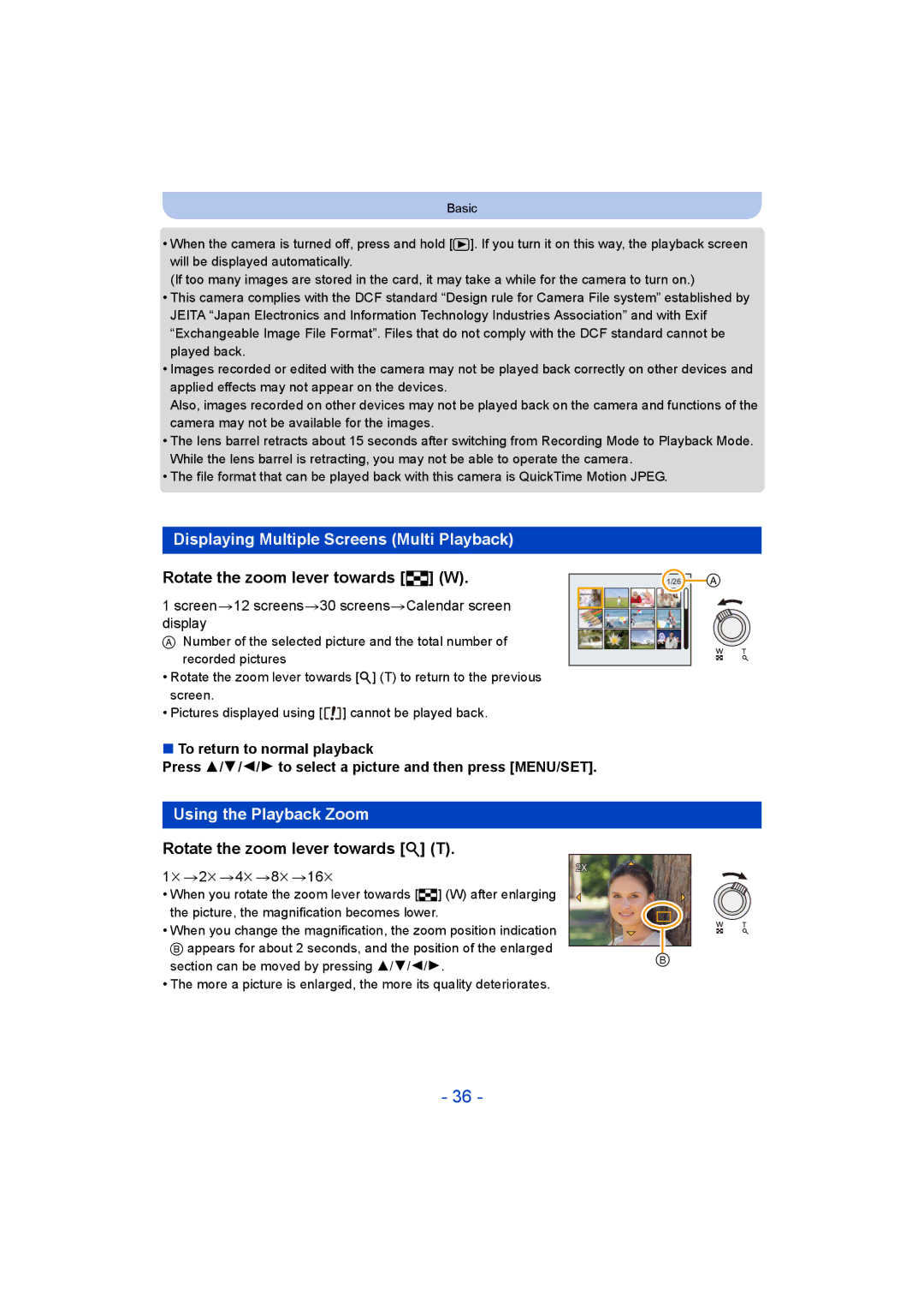 Panasonic F0214NK0 Displaying Multiple Screens Multi Playback, Rotate the zoom lever towards L W, Using the Playback Zoom 