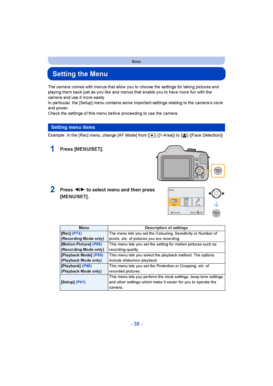 Panasonic VQT5G33, F0214NK0, DMC-LZ40 operating instructions Setting the Menu, Setting menu items 