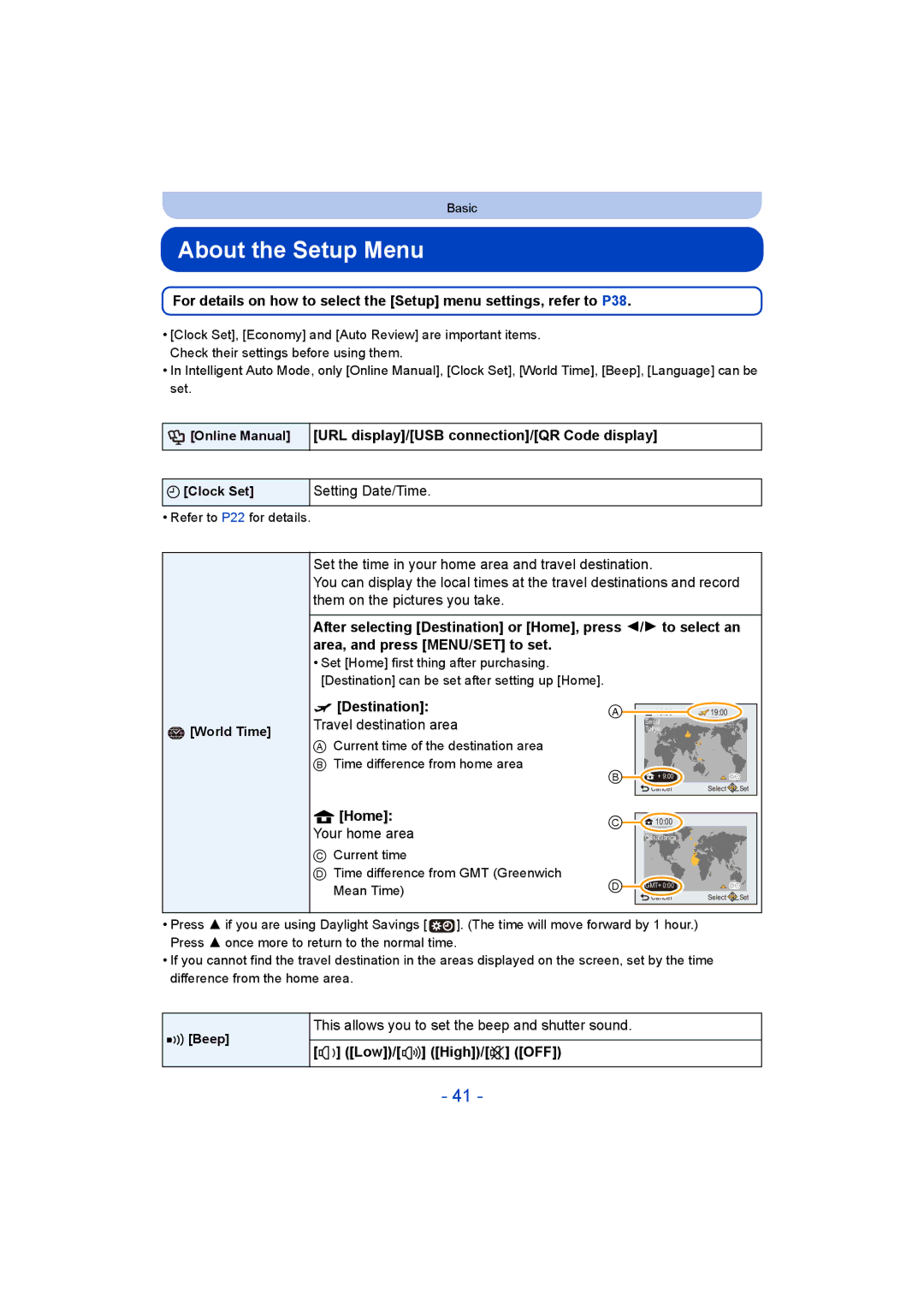 Panasonic VQT5G33 About the Setup Menu, URL display/USB connection/QR Code display, Destination Travel destination area 