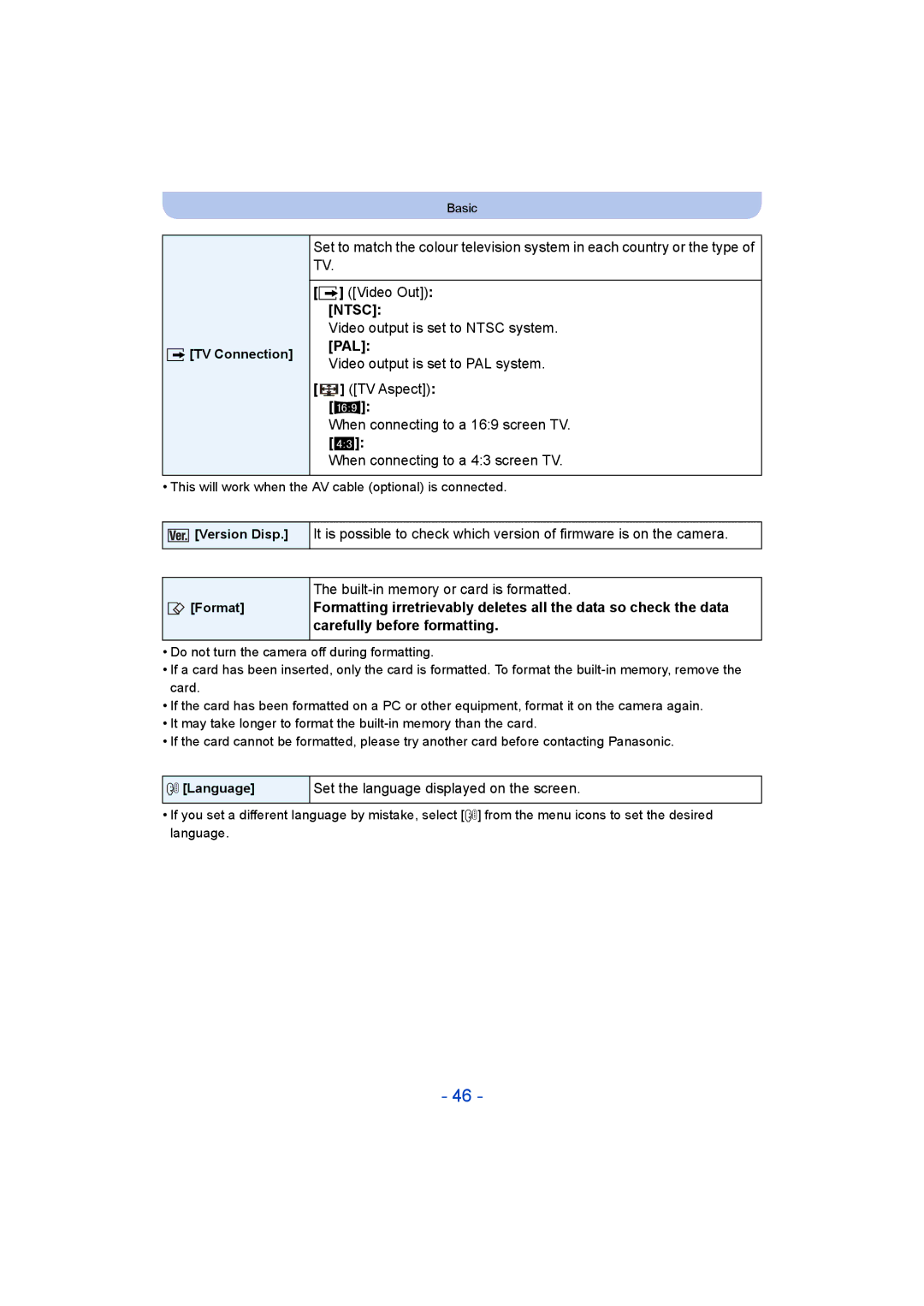 Panasonic DMC-LZ40, F0214NK0, VQT5G33 Pal, Built-in memory or card is formatted, Set the language displayed on the screen 