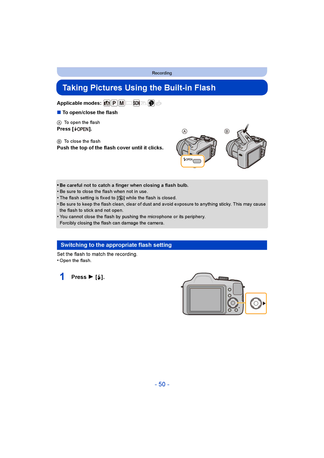 Panasonic VQT5G33 Taking Pictures Using the Built-in Flash, Switching to the appropriate flash setting, Press 1 ‰ 