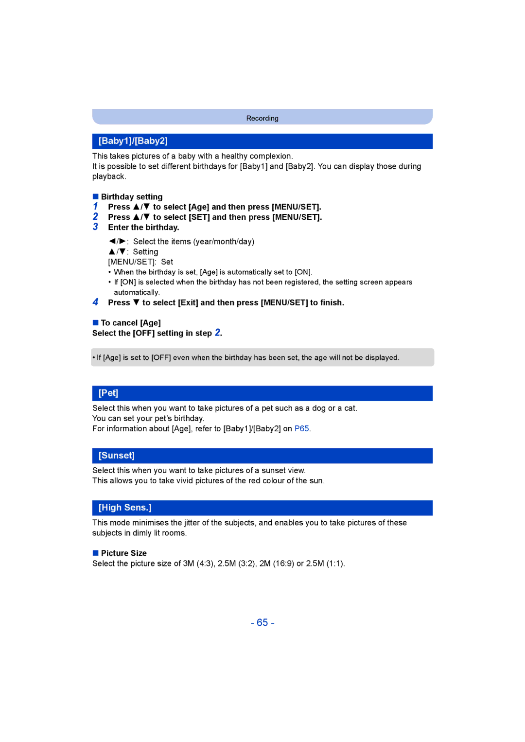 Panasonic VQT5G33, F0214NK0 Baby1/Baby2, Pet, Sunset, High Sens, Select the items year/month/day Setting MENU/SET Set 