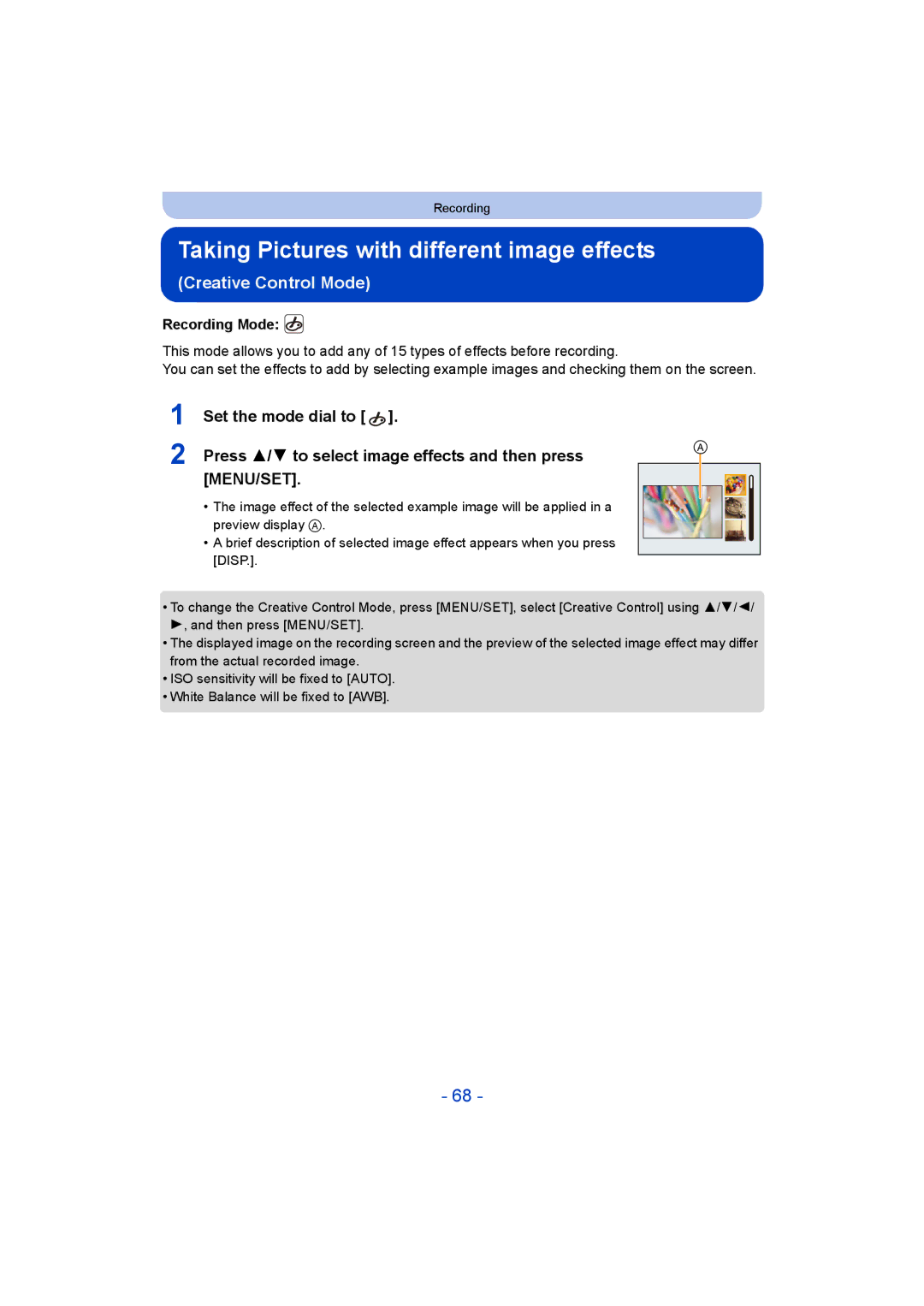 Panasonic VQT5G33, F0214NK0, DMC-LZ40 Taking Pictures with different image effects, Creative Control Mode 