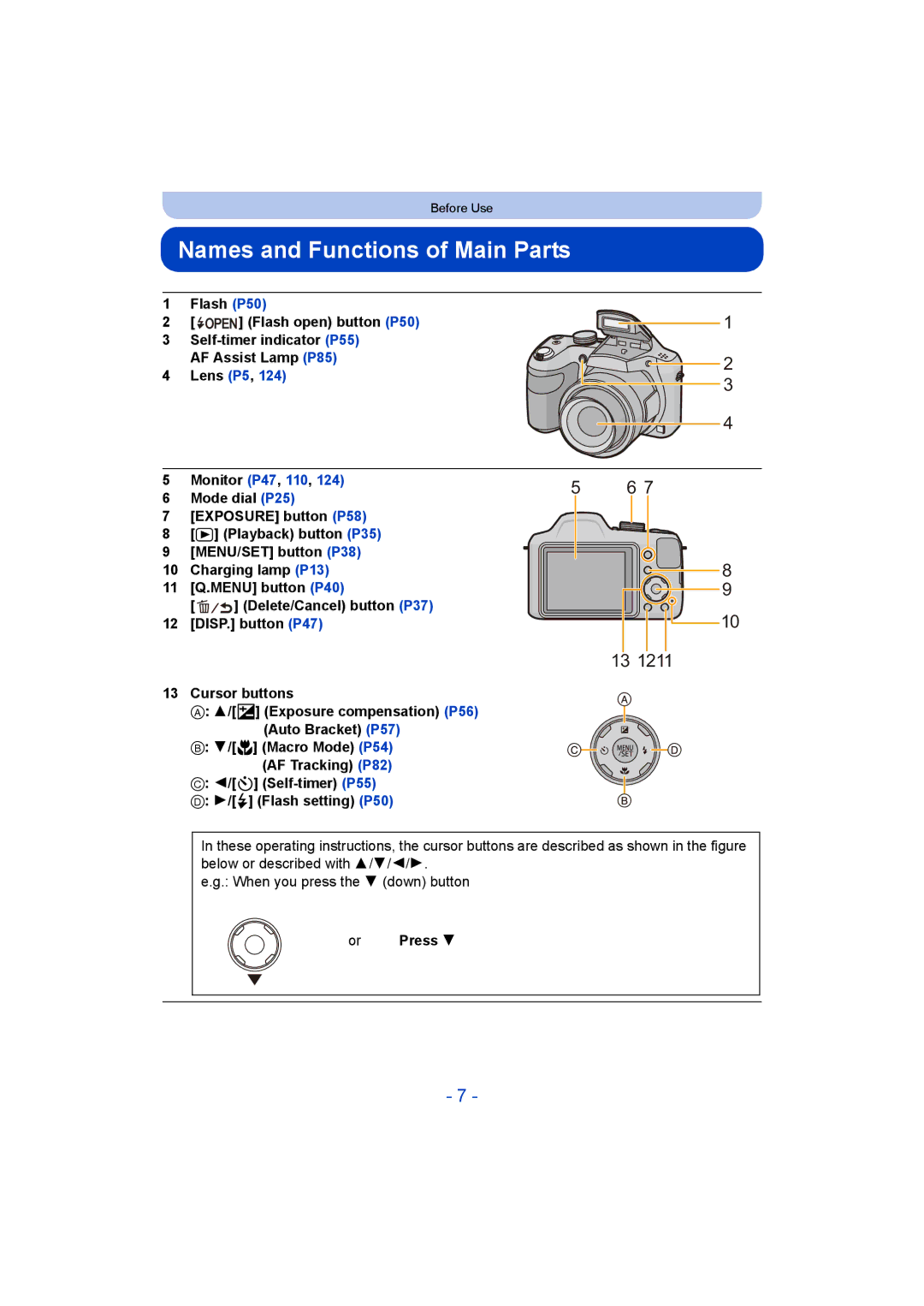 Panasonic DMC-LZ40, F0214NK0, VQT5G33 Names and Functions of Main Parts, Flash P50 Flash open button P50, Or Press 