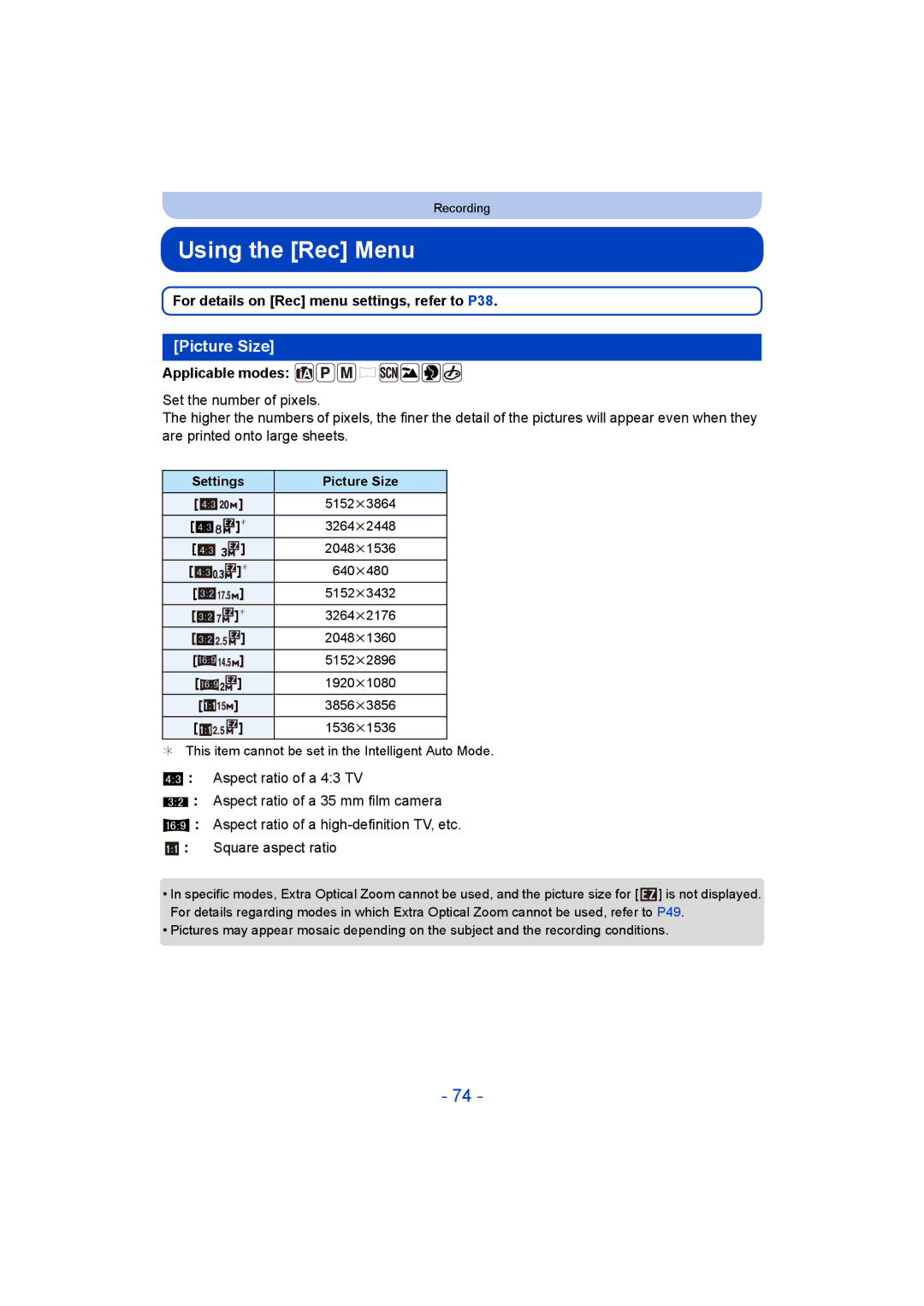 Panasonic VQT5G33, F0214NK0, DMC-LZ40 Using the Rec Menu, Picture Size, For details on Rec menu settings, refer to P38 