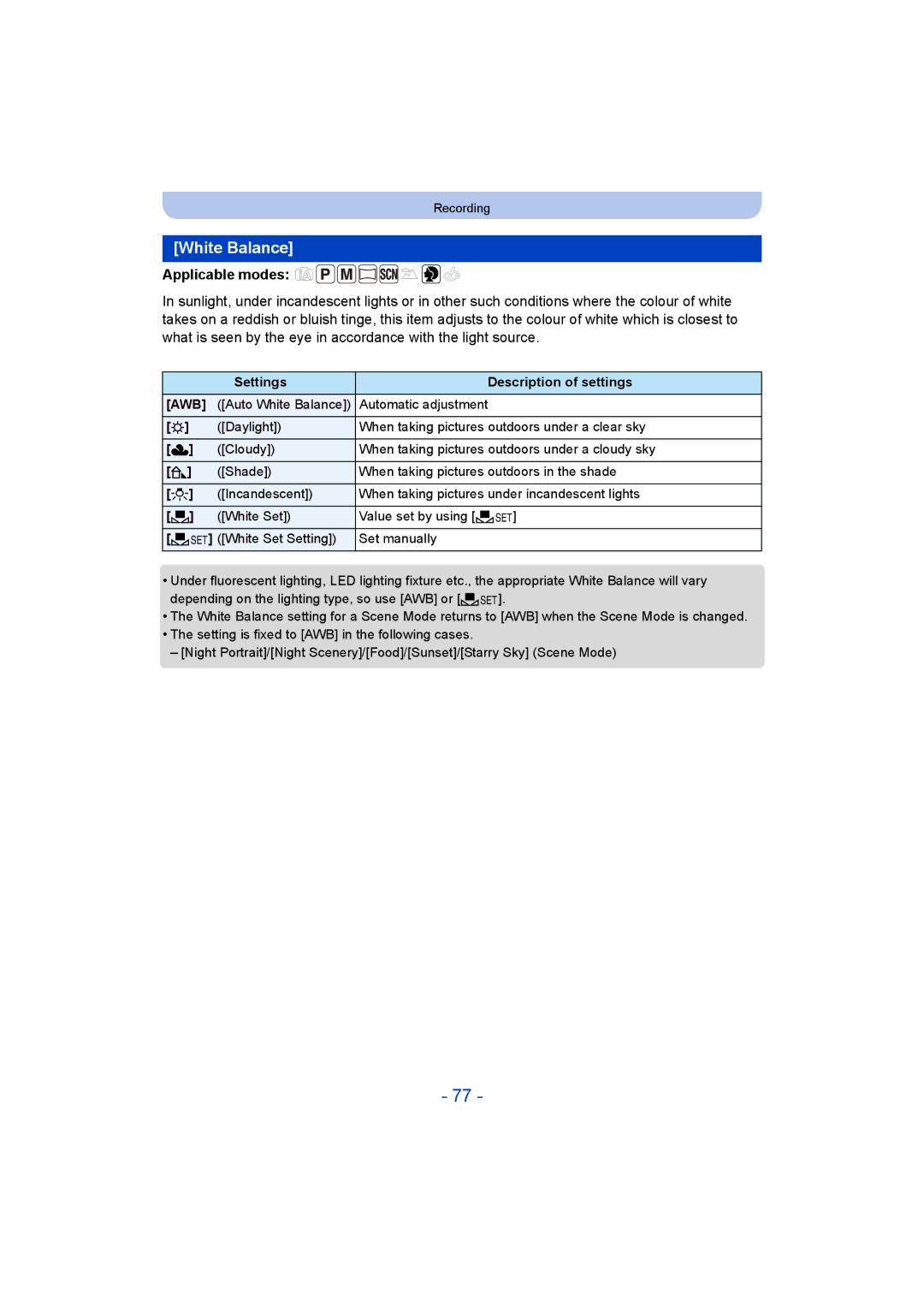 Panasonic VQT5G33, F0214NK0, DMC-LZ40 operating instructions White Balance, Automatic adjustment 