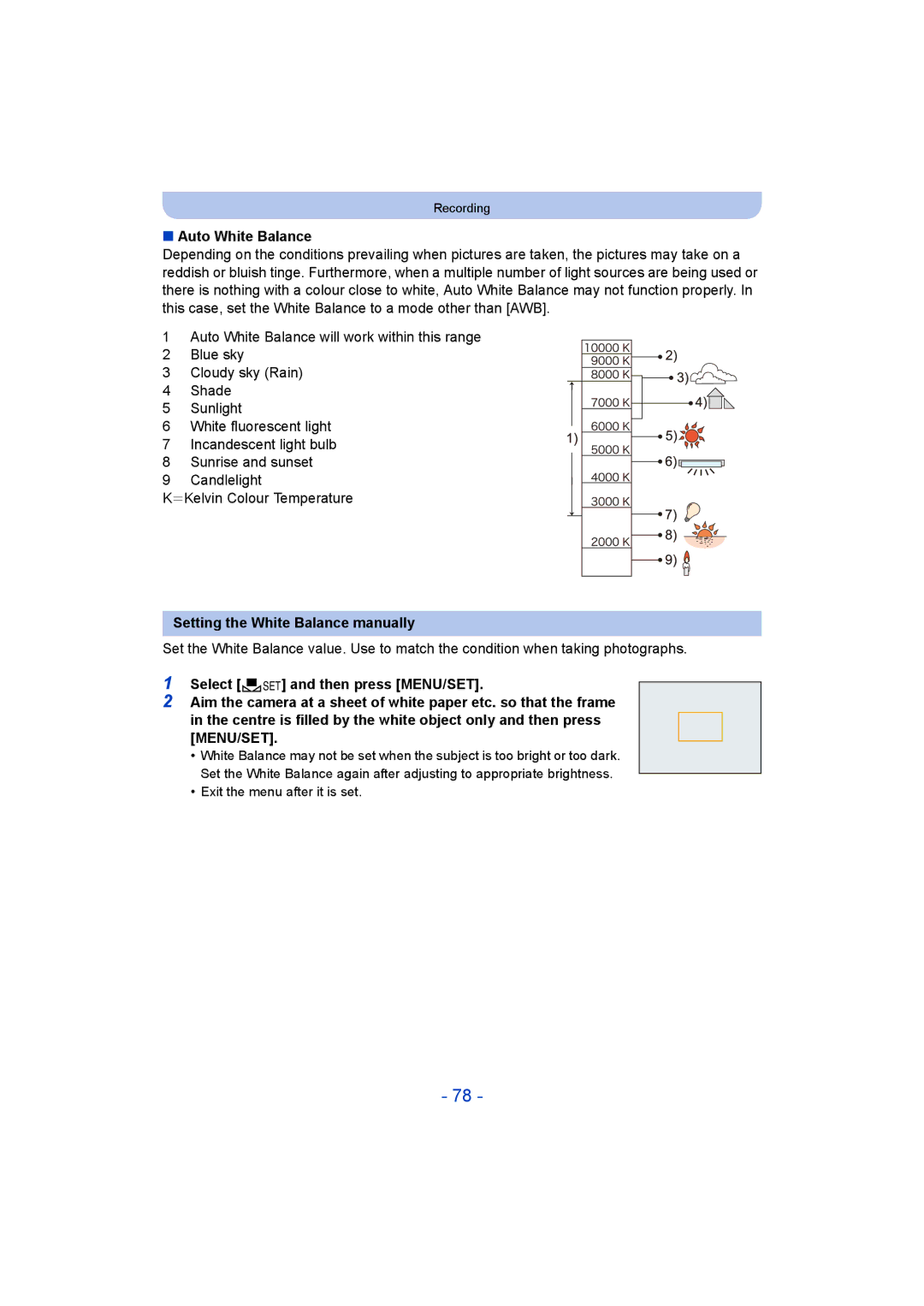 Panasonic F0214NK0, DMC-LZ40, VQT5G33 operating instructions Auto White Balance, Setting the White Balance manually 