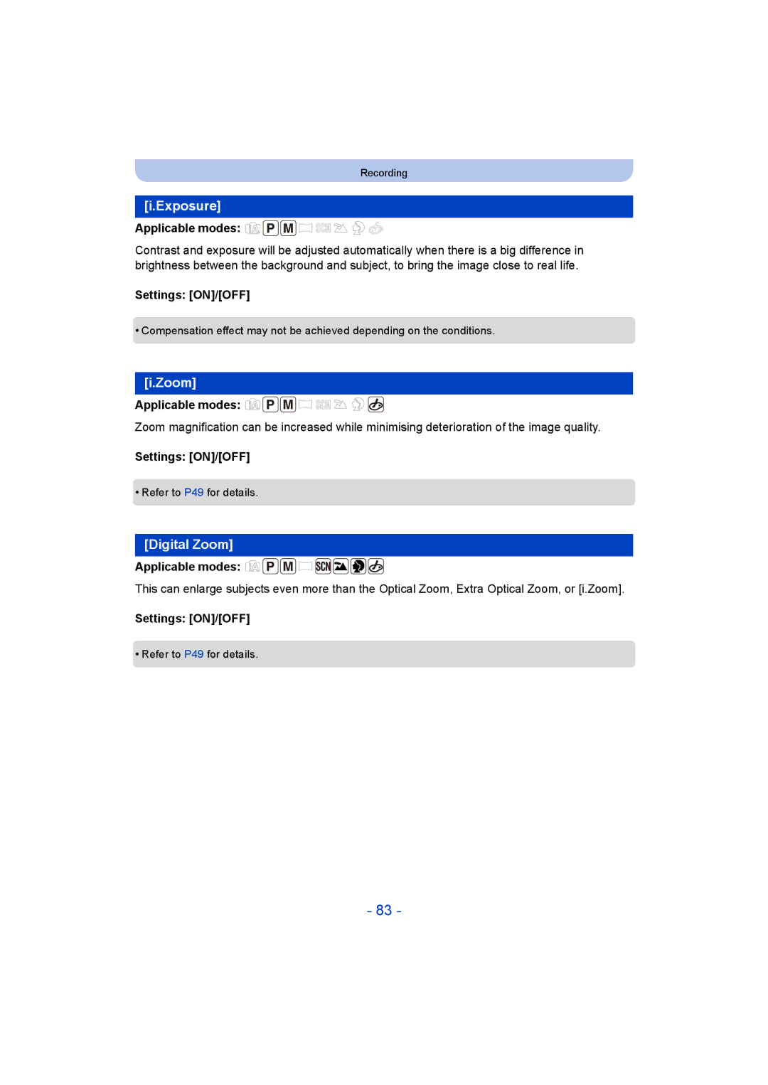 Panasonic VQT5G33, F0214NK0, DMC-LZ40 operating instructions Exposure, Zoom, Settings ON/OFF 