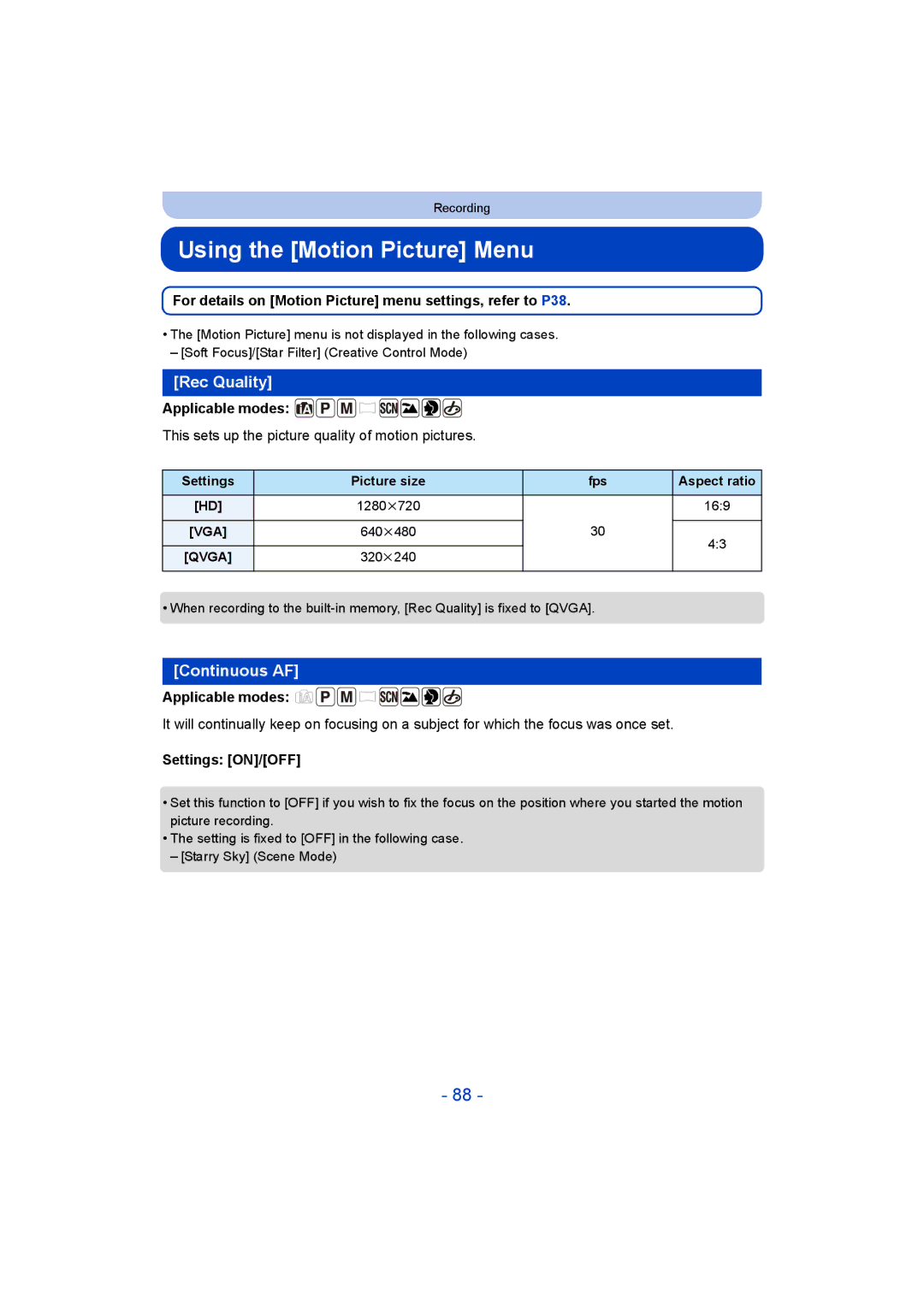 Panasonic DMC-LZ40, F0214NK0, VQT5G33 operating instructions Using the Motion Picture Menu, Rec Quality, Continuous AF 