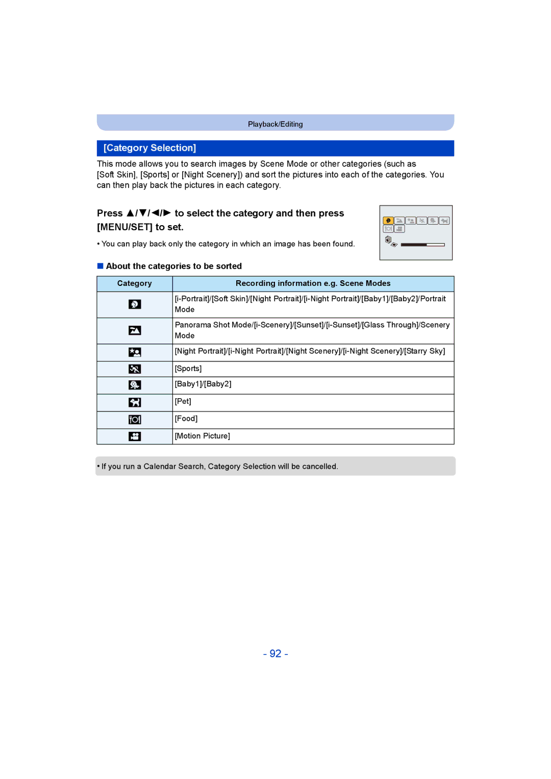 Panasonic VQT5G33 Category Selection, About the categories to be sorted, Category Recording information e.g. Scene Modes 