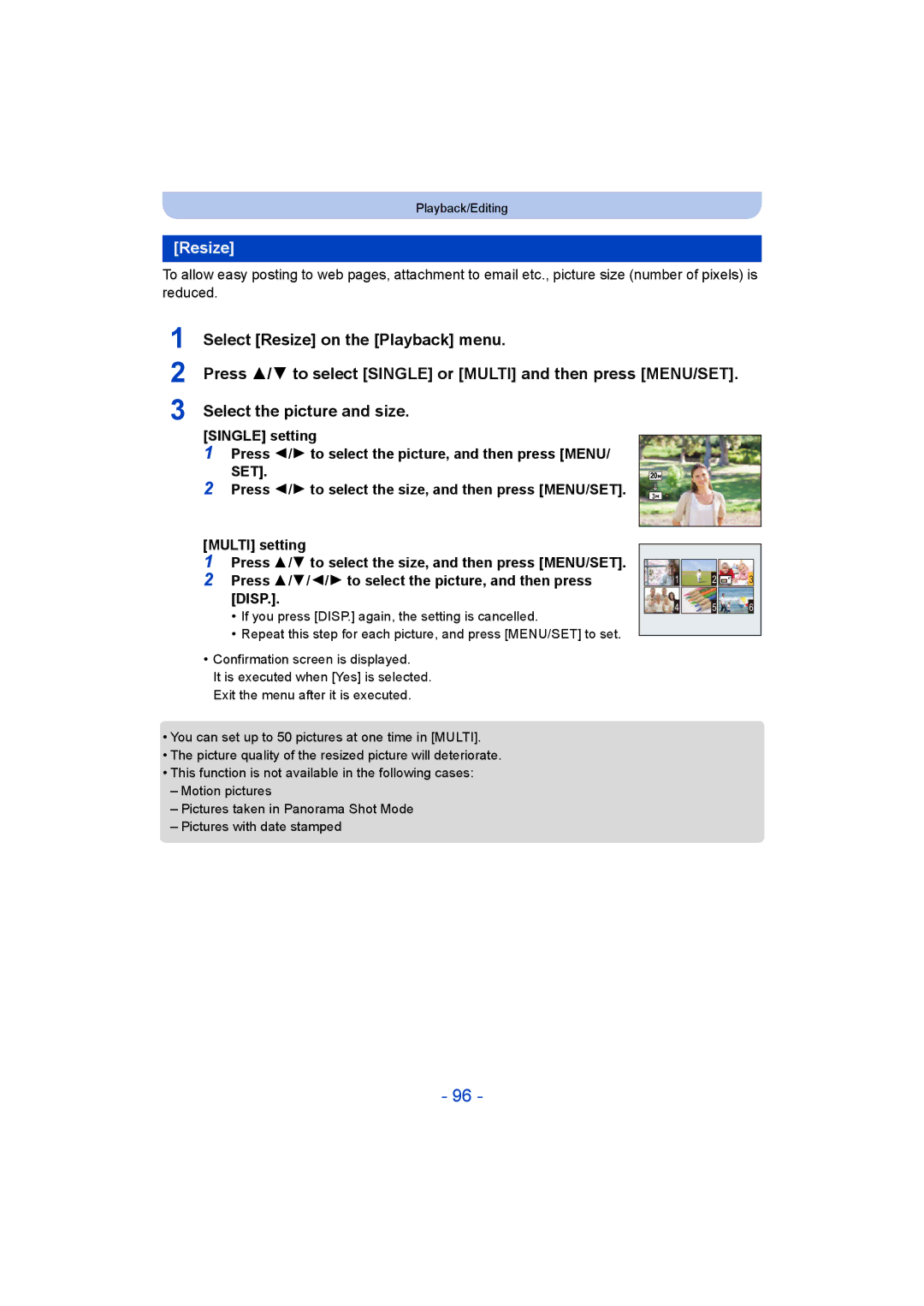 Panasonic F0214NK0, DMC-LZ40, VQT5G33 Resize, Multi setting, Press 3/4/2/1 to select the picture, and then press Disp 