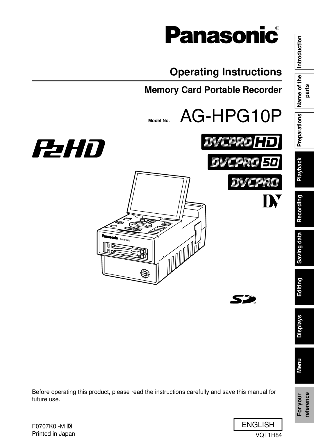 Panasonic VQT1H84, F0707K0 -M, AG-HPG10P operating instructions Operating Instructions, Memory Card Portable Recorder 