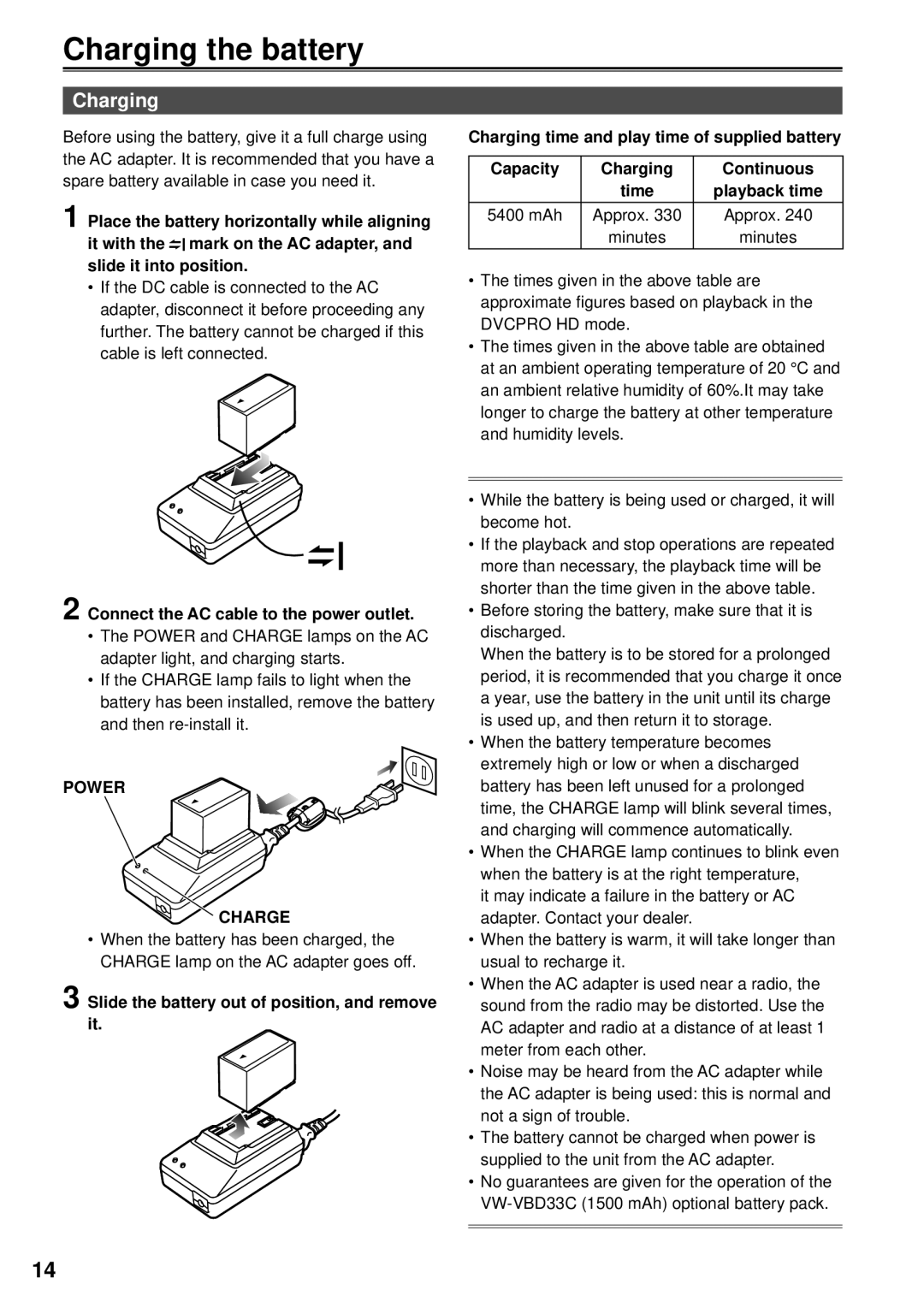 Panasonic AG-HPG10P, F0707K0 -M, VQT1H84 Charging the battery, Connect the AC cable to the power outlet, Power Charge 