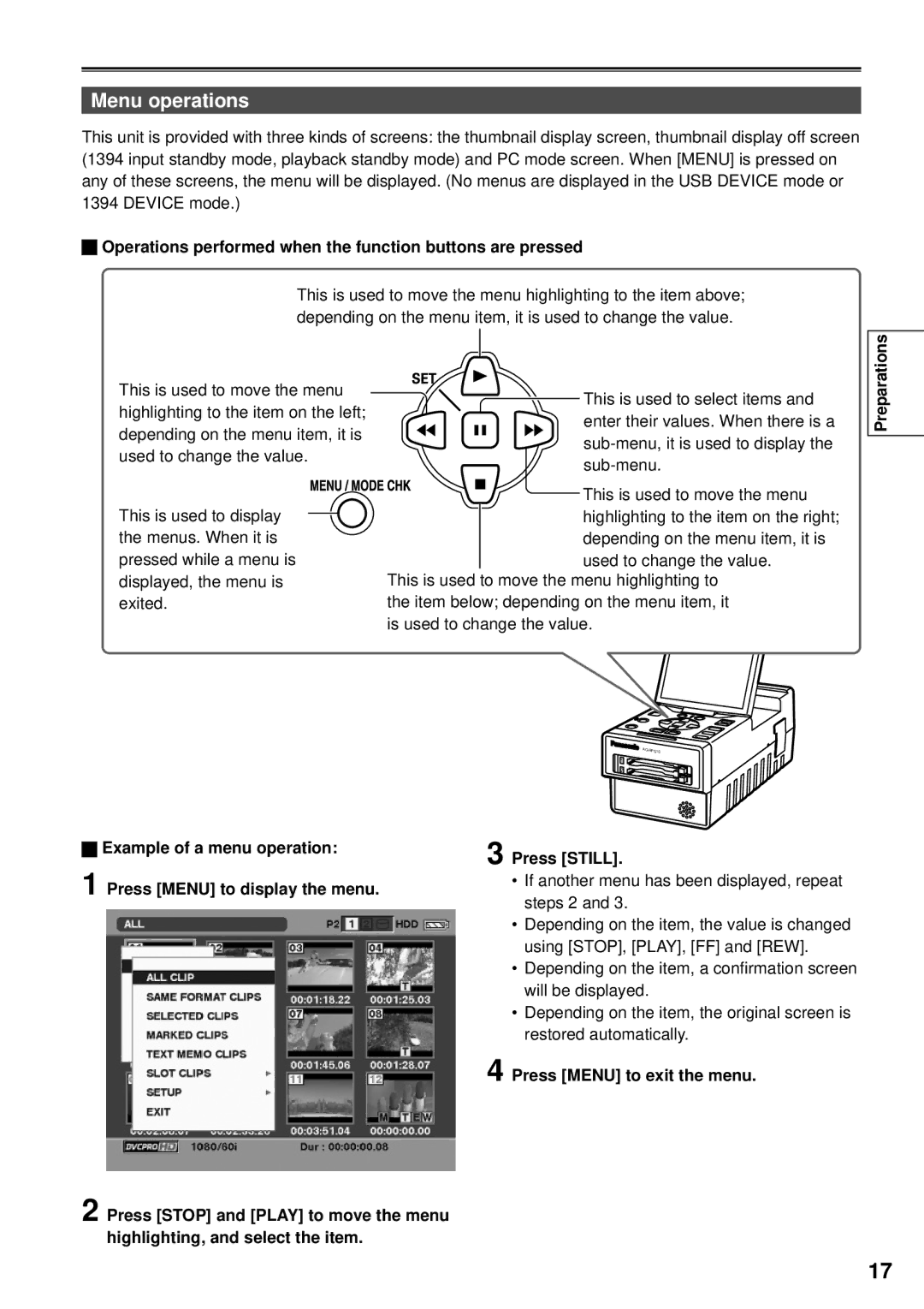 Panasonic AG-HPG10P, F0707K0 -M, VQT1H84 Menu operations, Operations performed when the function buttons are pressed 