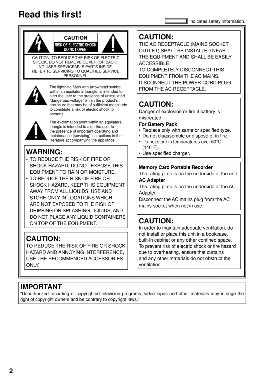 Panasonic AG-HPG10P, F0707K0 -M, VQT1H84 Read this first, For Battery Pack, Memory Card Portable Recorder, AC Adapter 