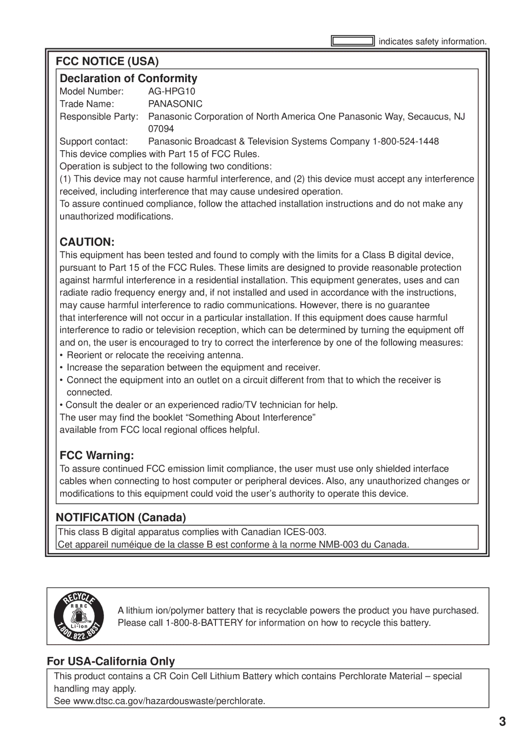 Panasonic F0707K0 -M, VQT1H84 Declaration of Conformity, FCC Warning, Notification Canada, For USA-California Only 