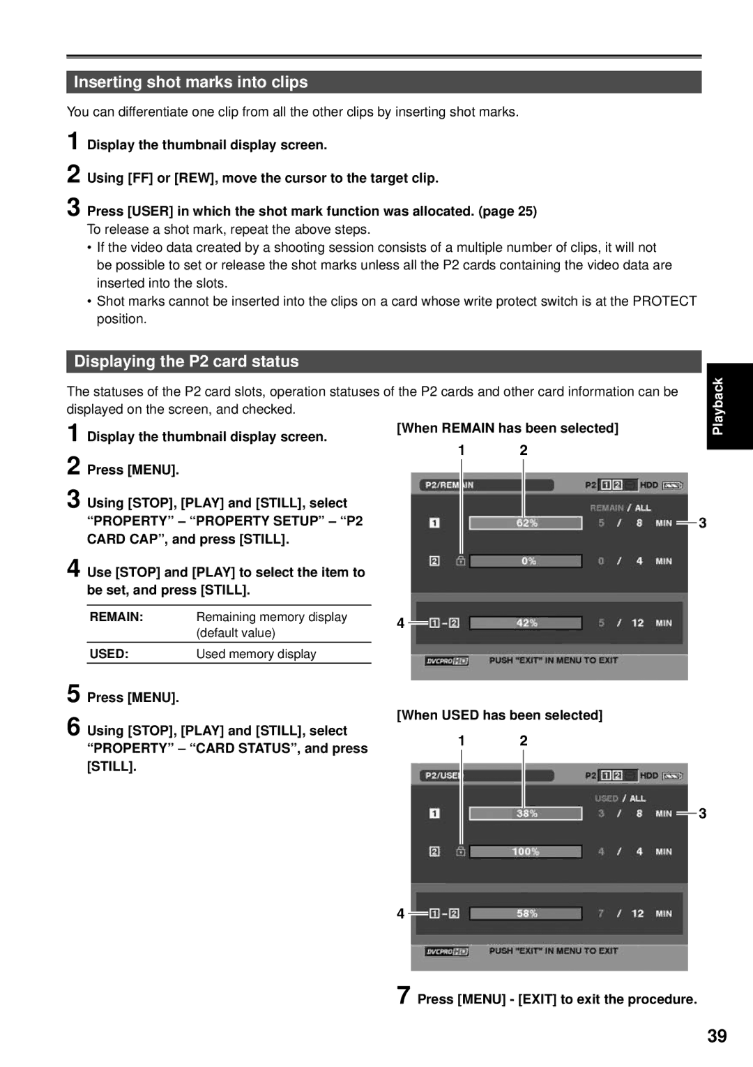 Panasonic F0707K0 -M, VQT1H84, AG-HPG10P Inserting shot marks into clips, Displaying the P2 card status 