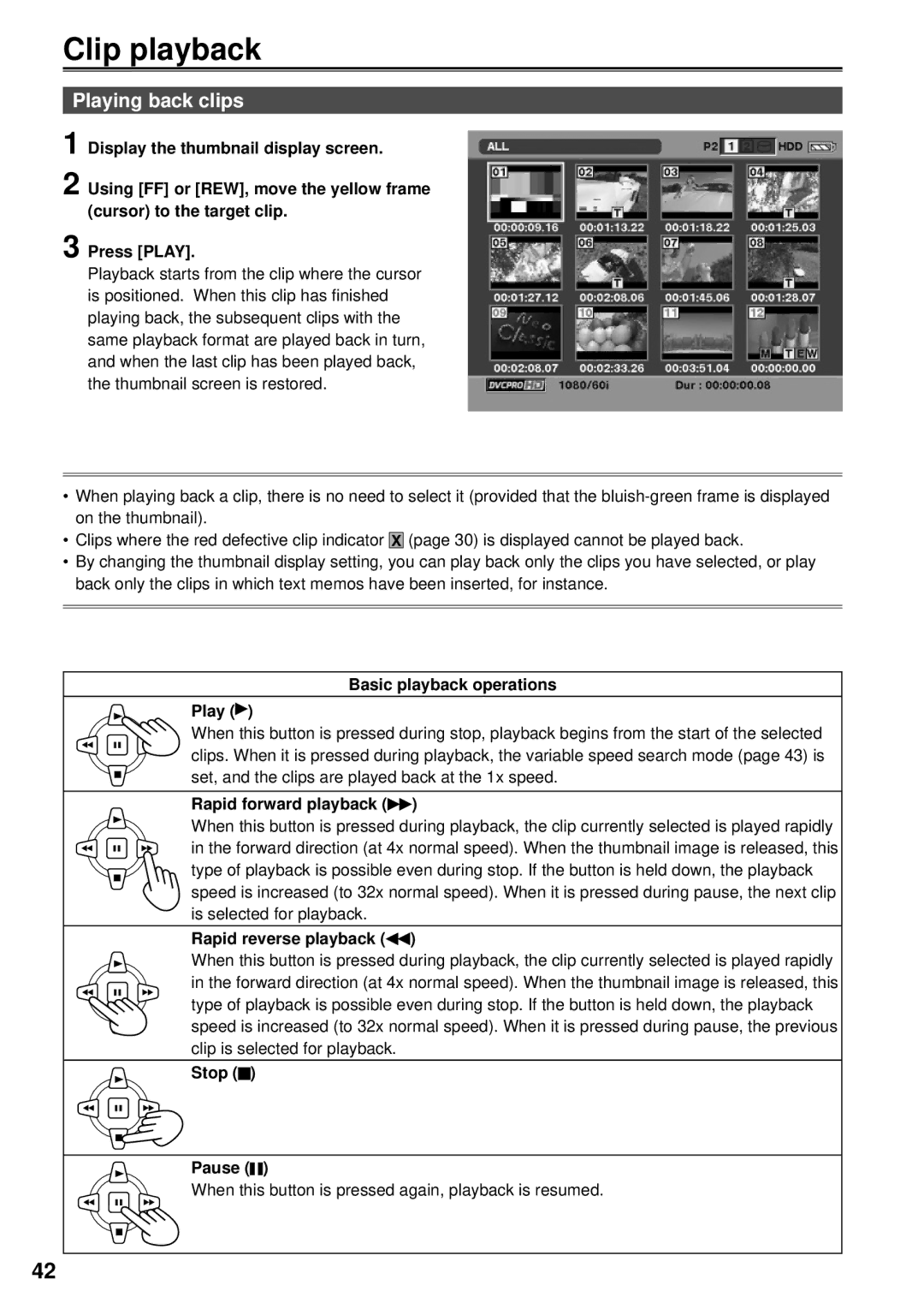 Panasonic F0707K0 -M, VQT1H84, AG-HPG10P operating instructions Clip playback, Playing back clips 