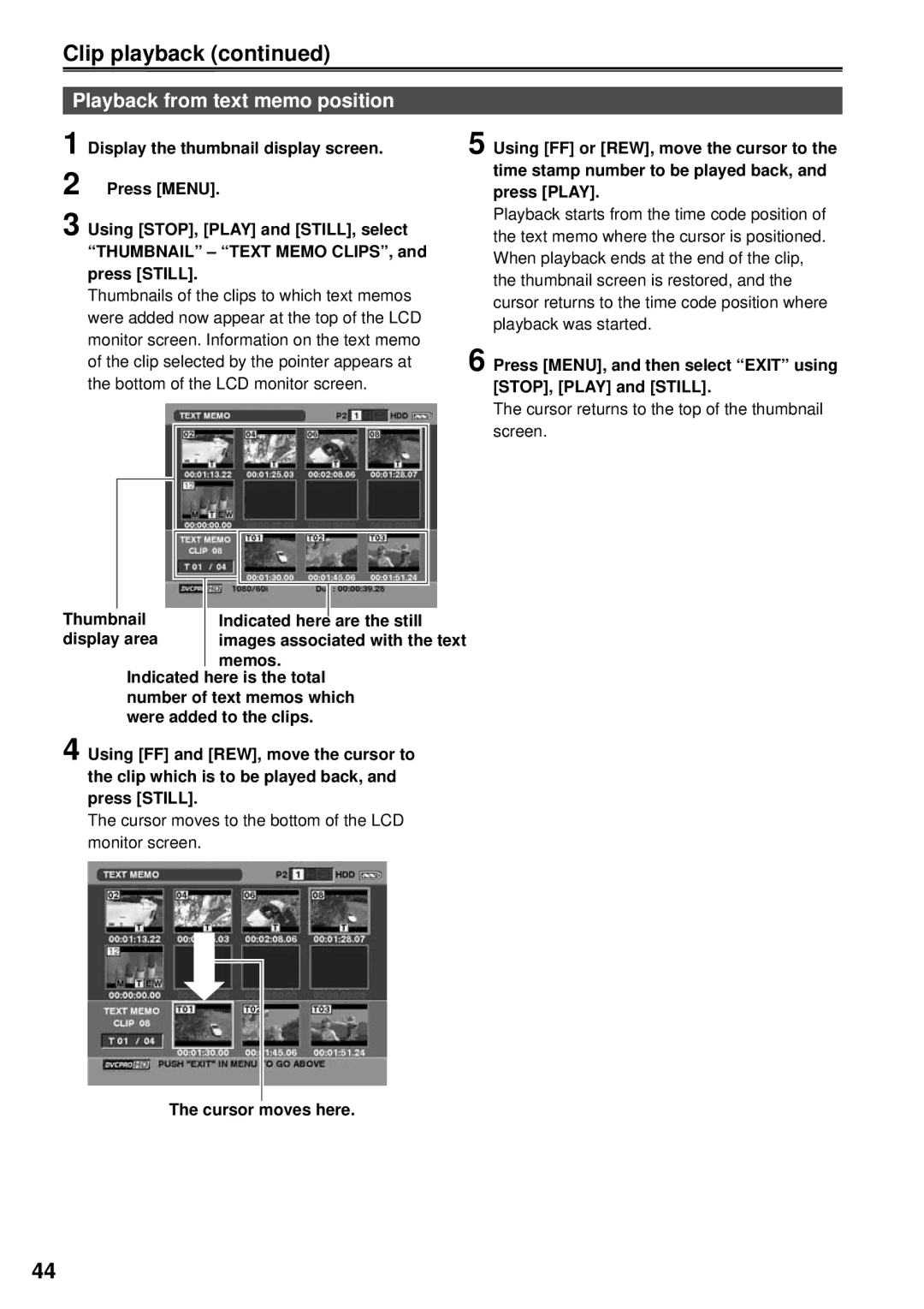 Panasonic AG-HPG10P, F0707K0 -M, VQT1H84 Clip playback, Playback from text memo position, Cursor moves here 