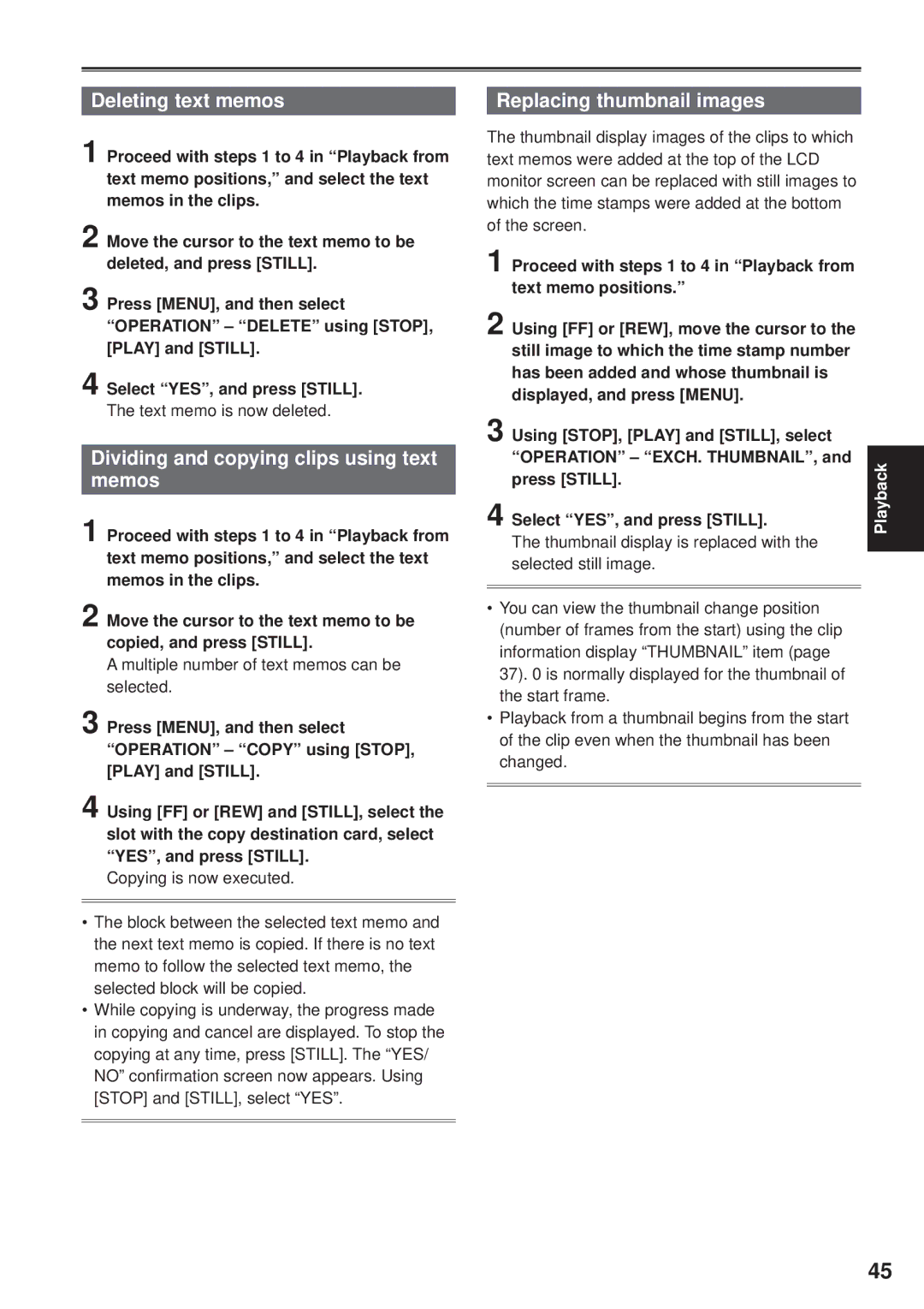 Panasonic F0707K0 -M, VQT1H84 Deleting text memos, Dividing and copying clips using text memos, Replacing thumbnail images 