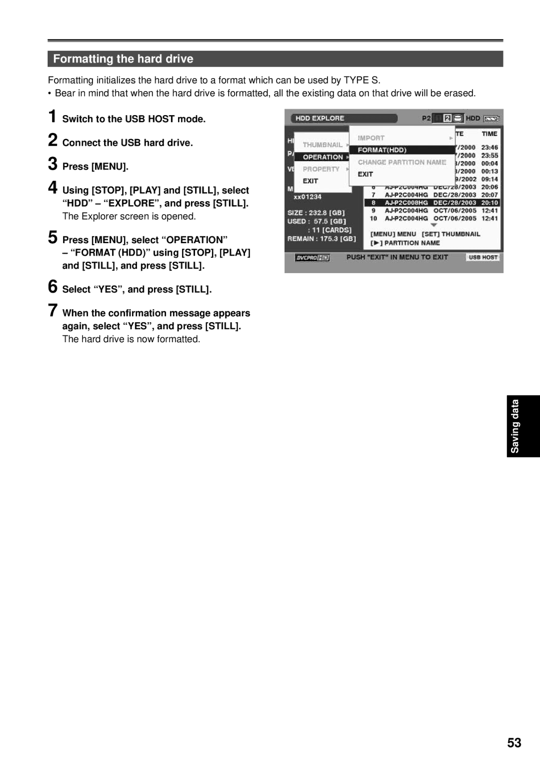 Panasonic AG-HPG10P, F0707K0 -M, VQT1H84 operating instructions Formatting the hard drive 