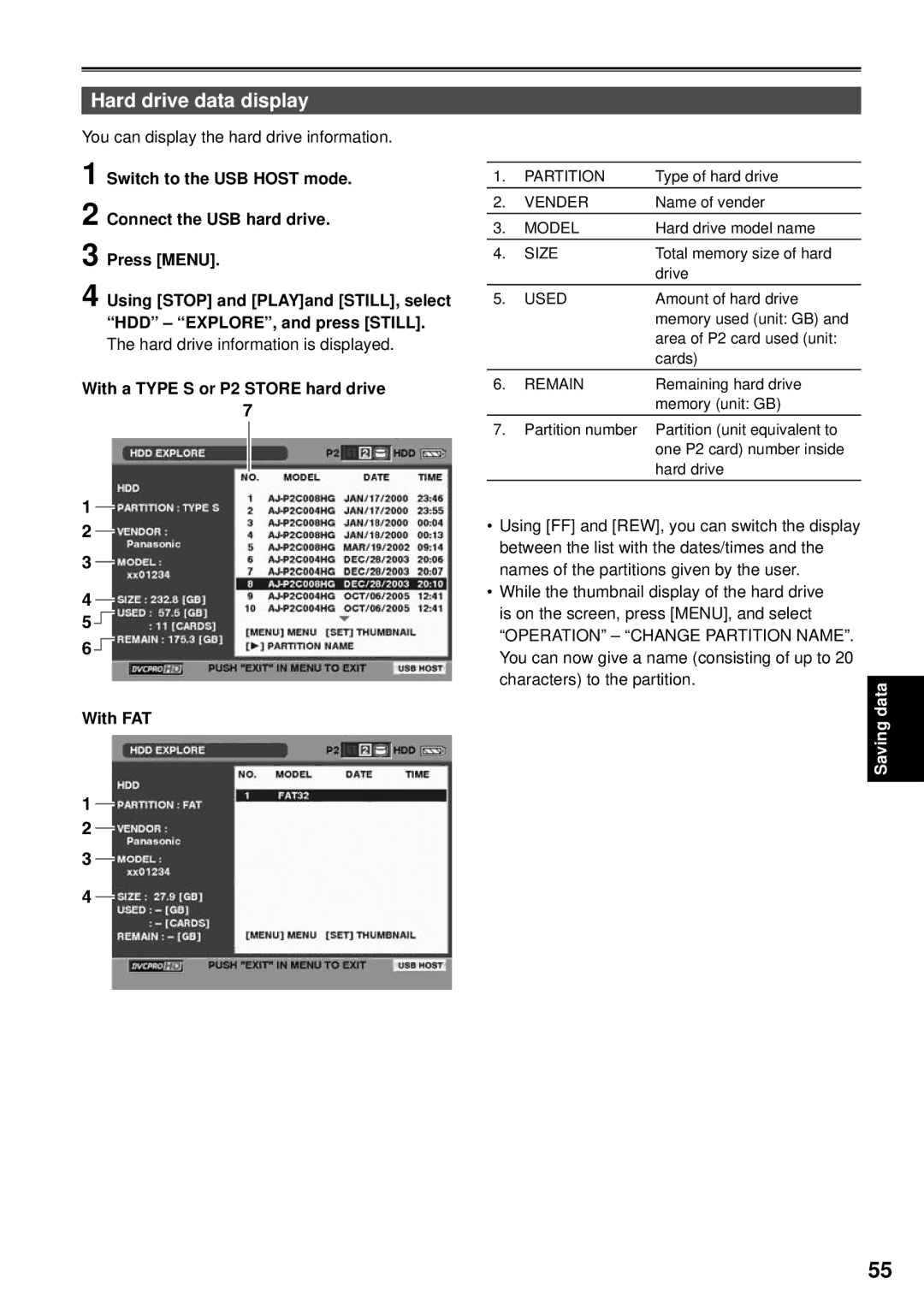 Panasonic VQT1H84, F0707K0 -M, AG-HPG10P Hard drive data display, You can display the hard drive information 