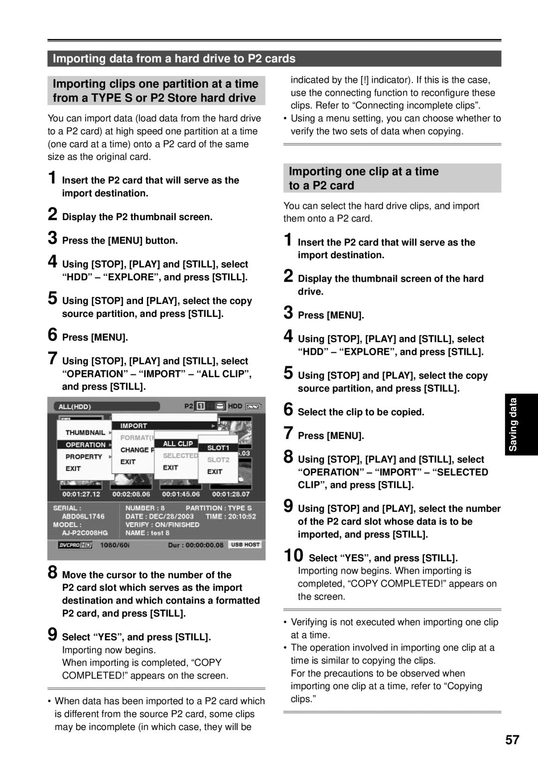 Panasonic F0707K0 -M, VQT1H84 Importing data from a hard drive to P2 cards, Importing one clip at a time to a P2 card 