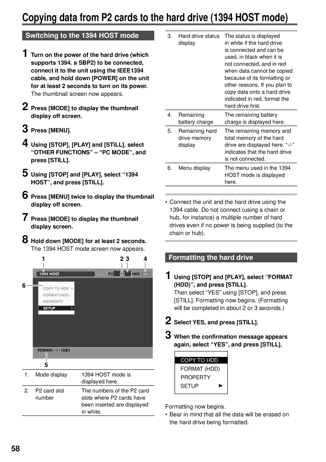 Panasonic VQT1H84, F0707K0 -M, AG-HPG10P operating instructions Switching to the 1394 Host mode 