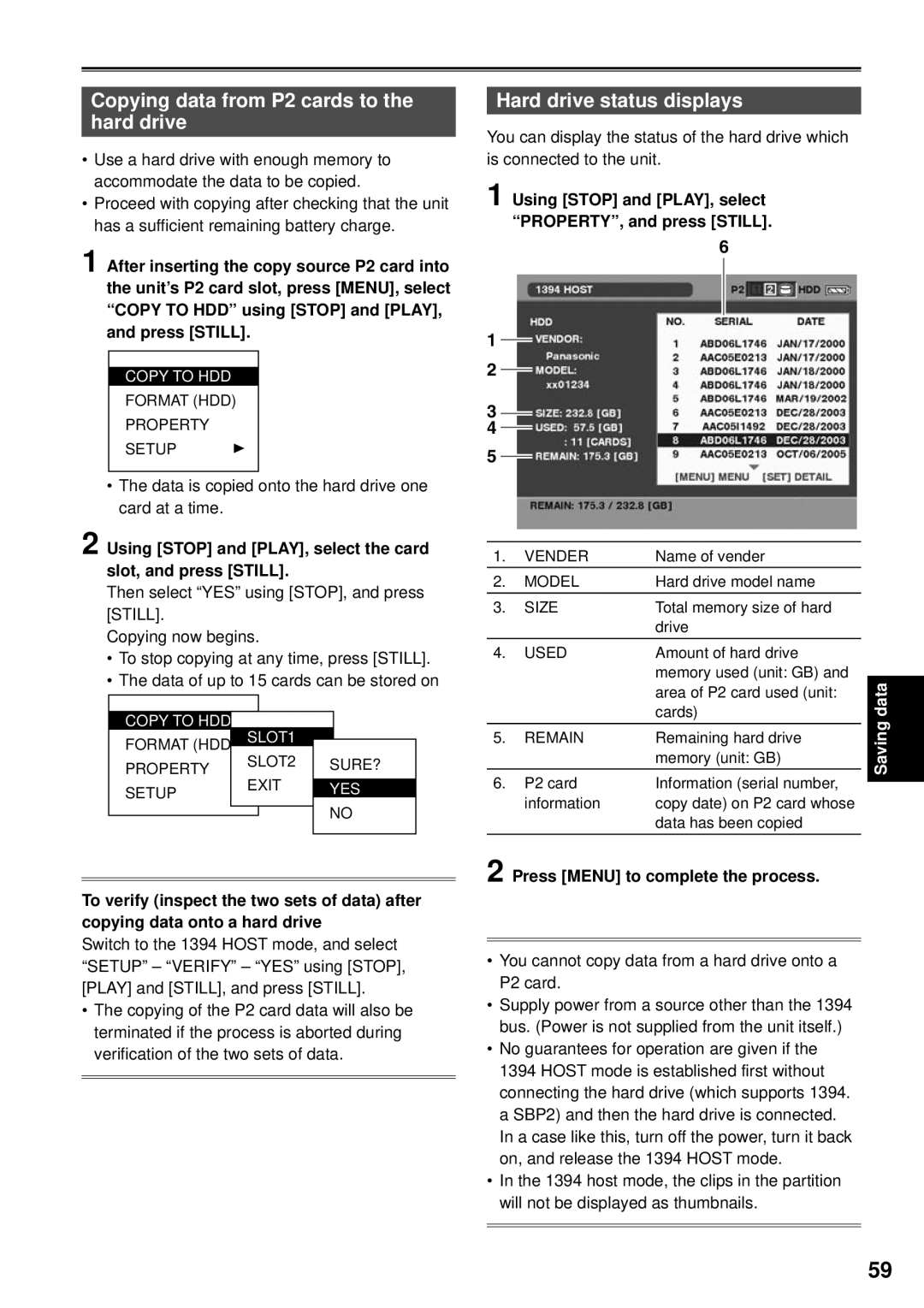 Panasonic AG-HPG10P, F0707K0 -M, VQT1H84 Copying data from P2 cards to the hard drive, Hard drive status displays 