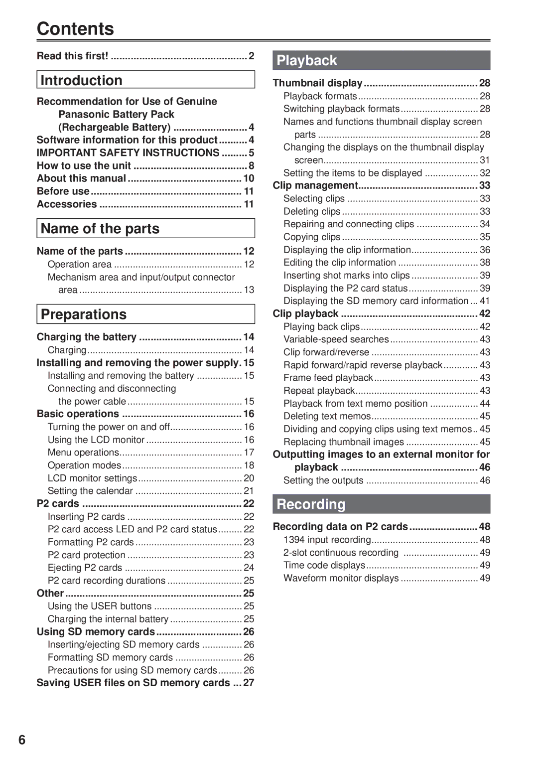 Panasonic F0707K0 -M, VQT1H84, AG-HPG10P operating instructions Contents 