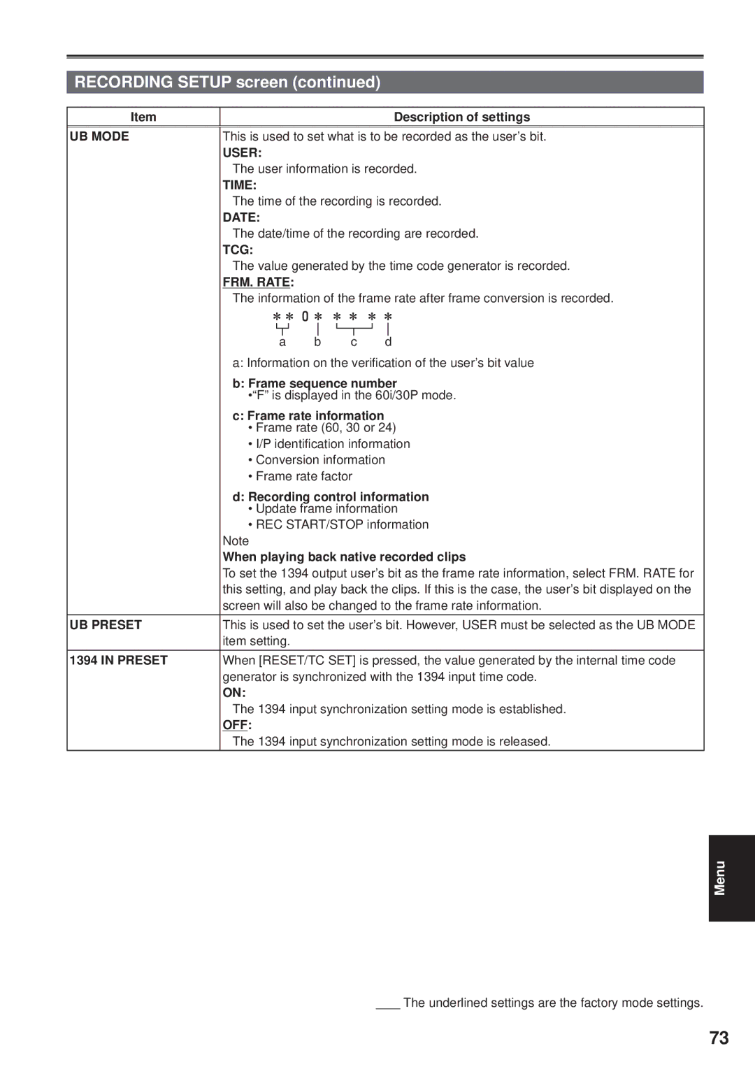 Panasonic VQT1H84, F0707K0 -M, AG-HPG10P operating instructions UB Mode, User, FRM. Rate, UB Preset 