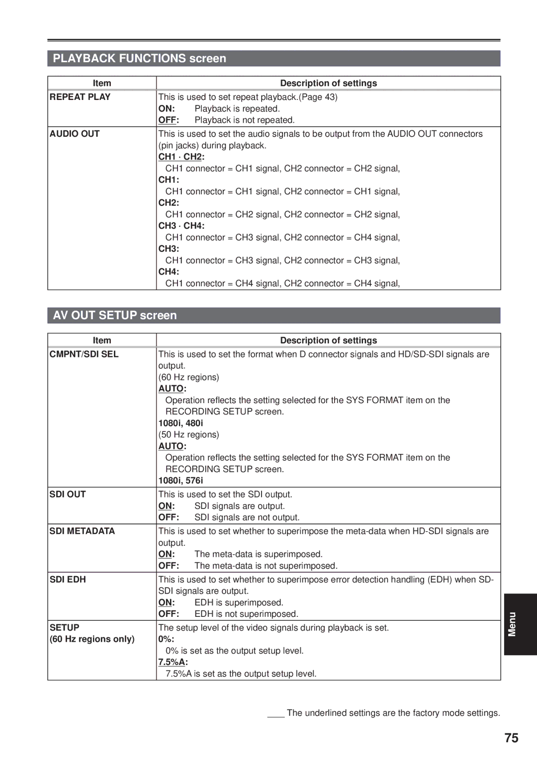 Panasonic F0707K0 -M, VQT1H84, AG-HPG10P Playback Functions screen, AV OUT Setup screen, Repeat Play, Auto 