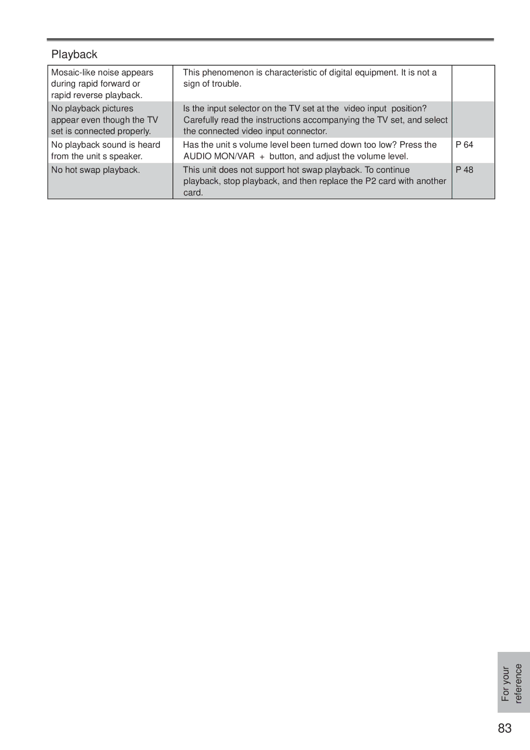 Panasonic AG-HPG10P, F0707K0 -M, VQT1H84 operating instructions Playback, No hot swap playback 