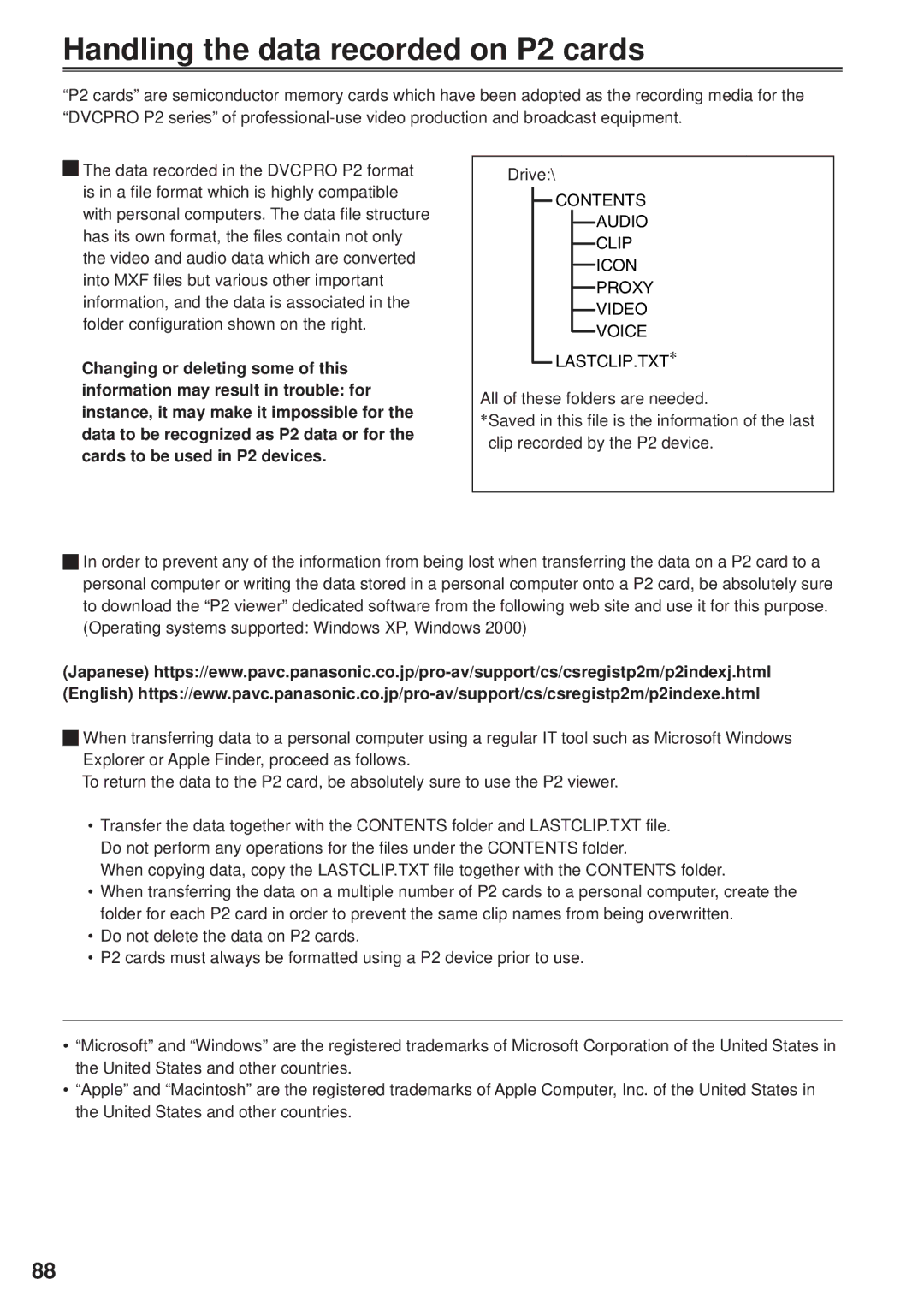 Panasonic VQT1H84 Handling the data recorded on P2 cards, Contents Audio Clip Icon Proxy Video Voice LASTCLIP.TXT 