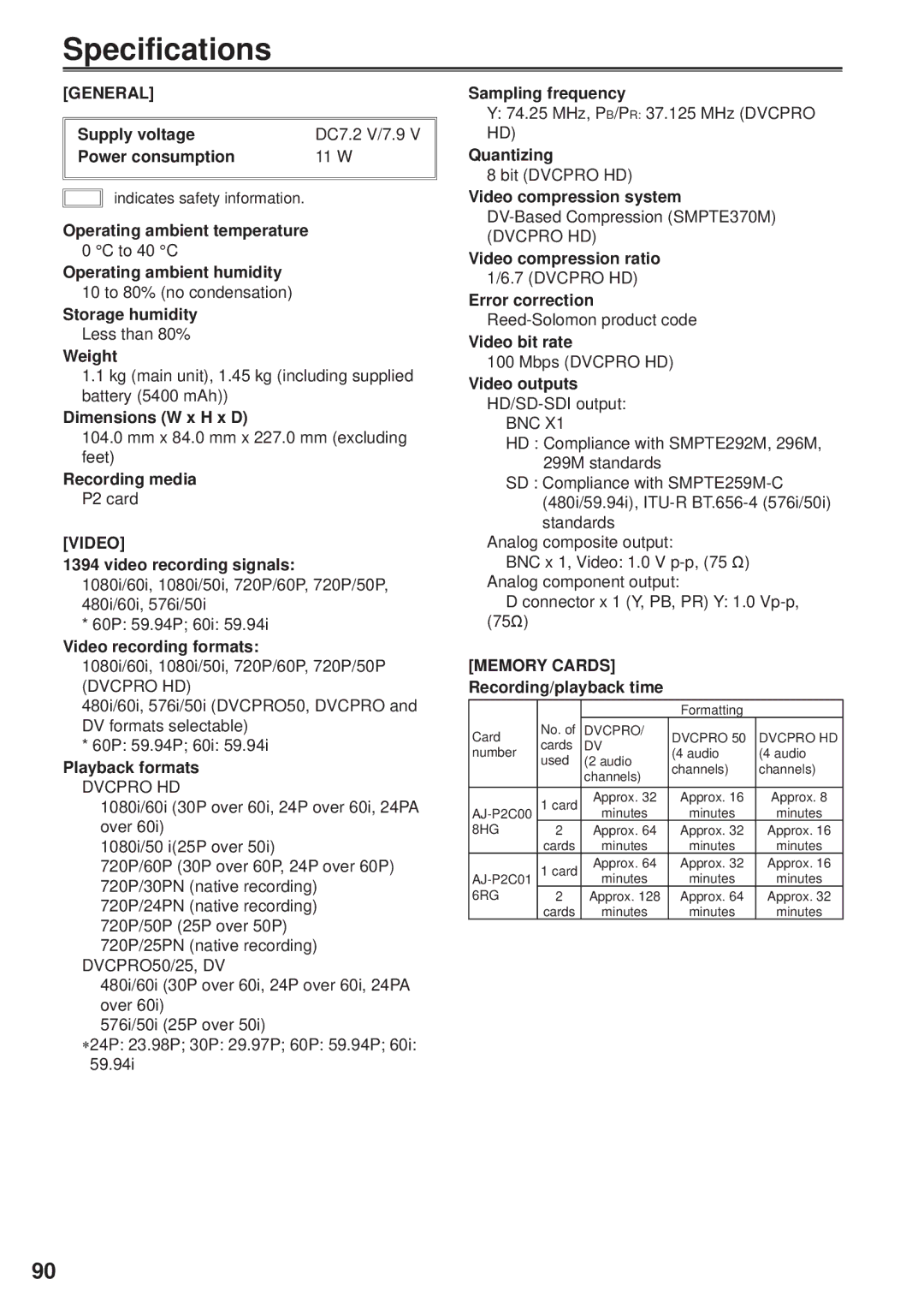 Panasonic F0707K0 -M, VQT1H84, AG-HPG10P operating instructions Specifications, General, Video 