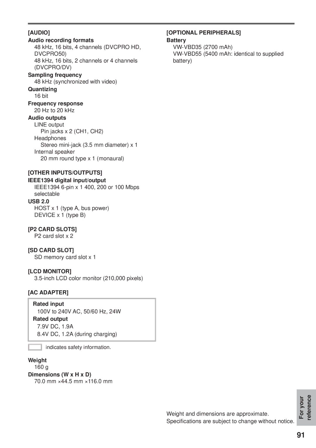 Panasonic VQT1H84 Audio Optional Peripherals, Other INPUTS/OUTPUTS, P2 Card Slots, SD Card Slot, LCD Monitor, AC Adapter 