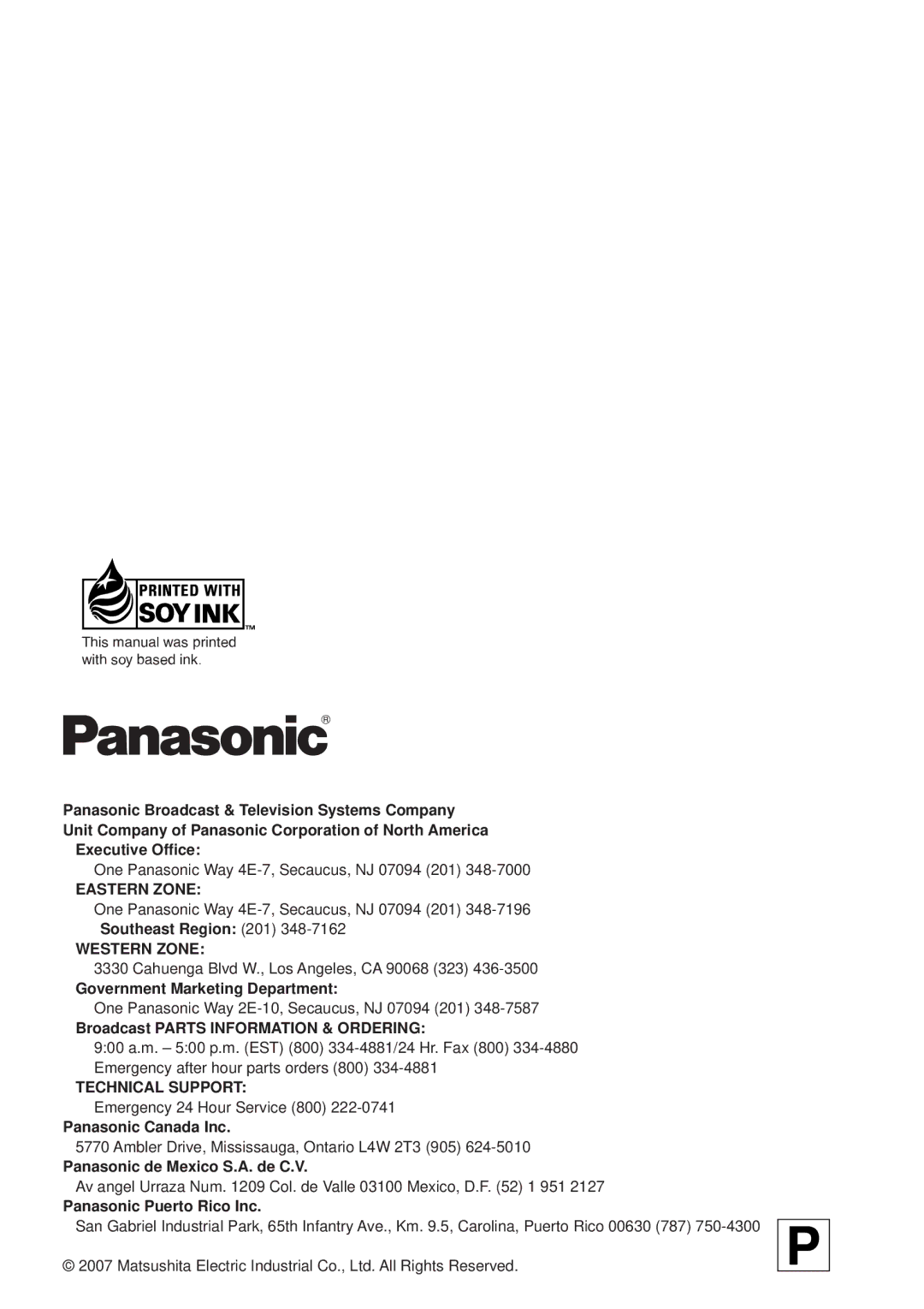 Panasonic AG-HPG10P, F0707K0 -M, VQT1H84 operating instructions Eastern Zone, Western Zone, Technical Support 