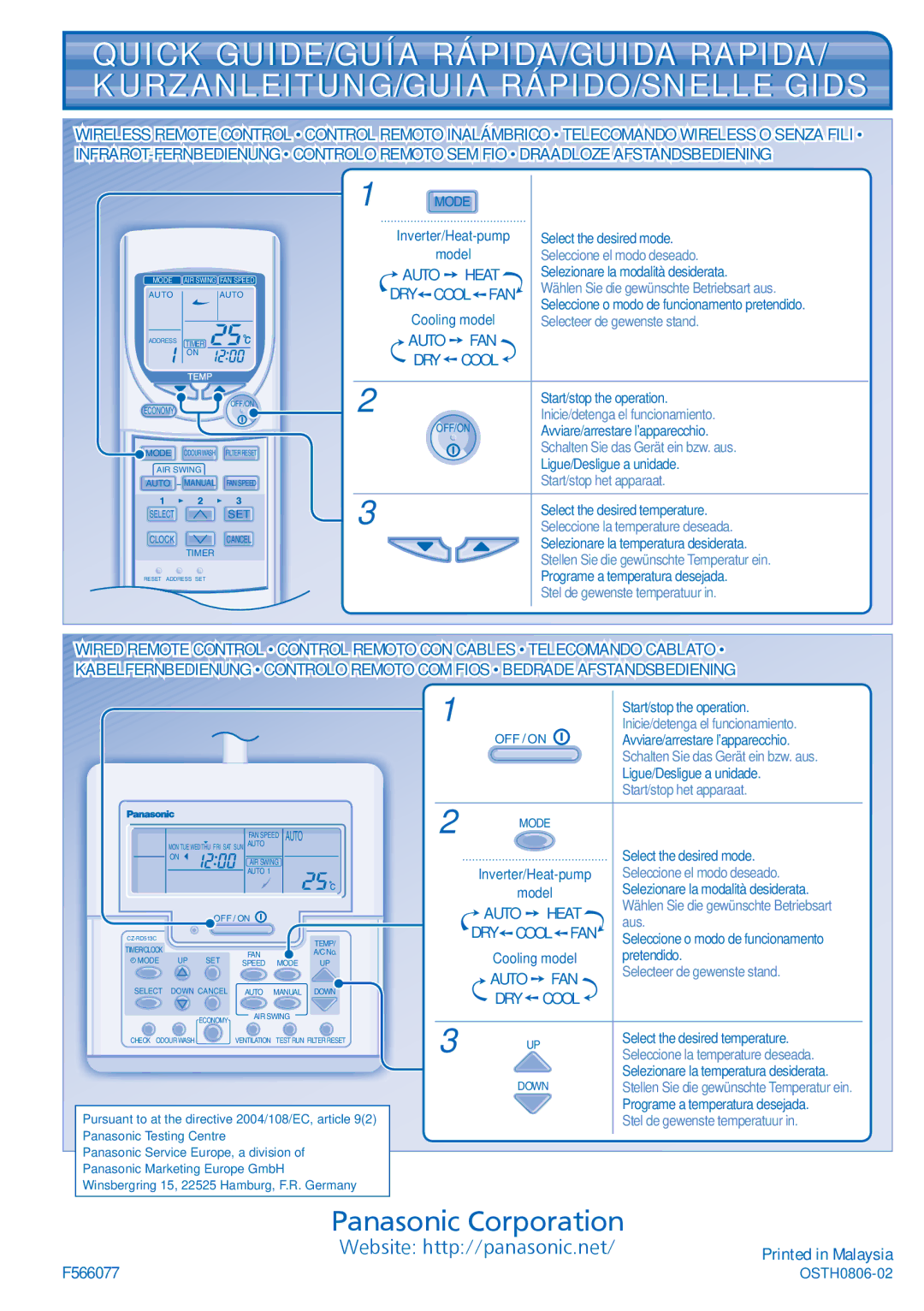 Panasonic F566077 Select the desired mode, Selezionare la modalità desiderata, Start/stop the operation, Pretendido 